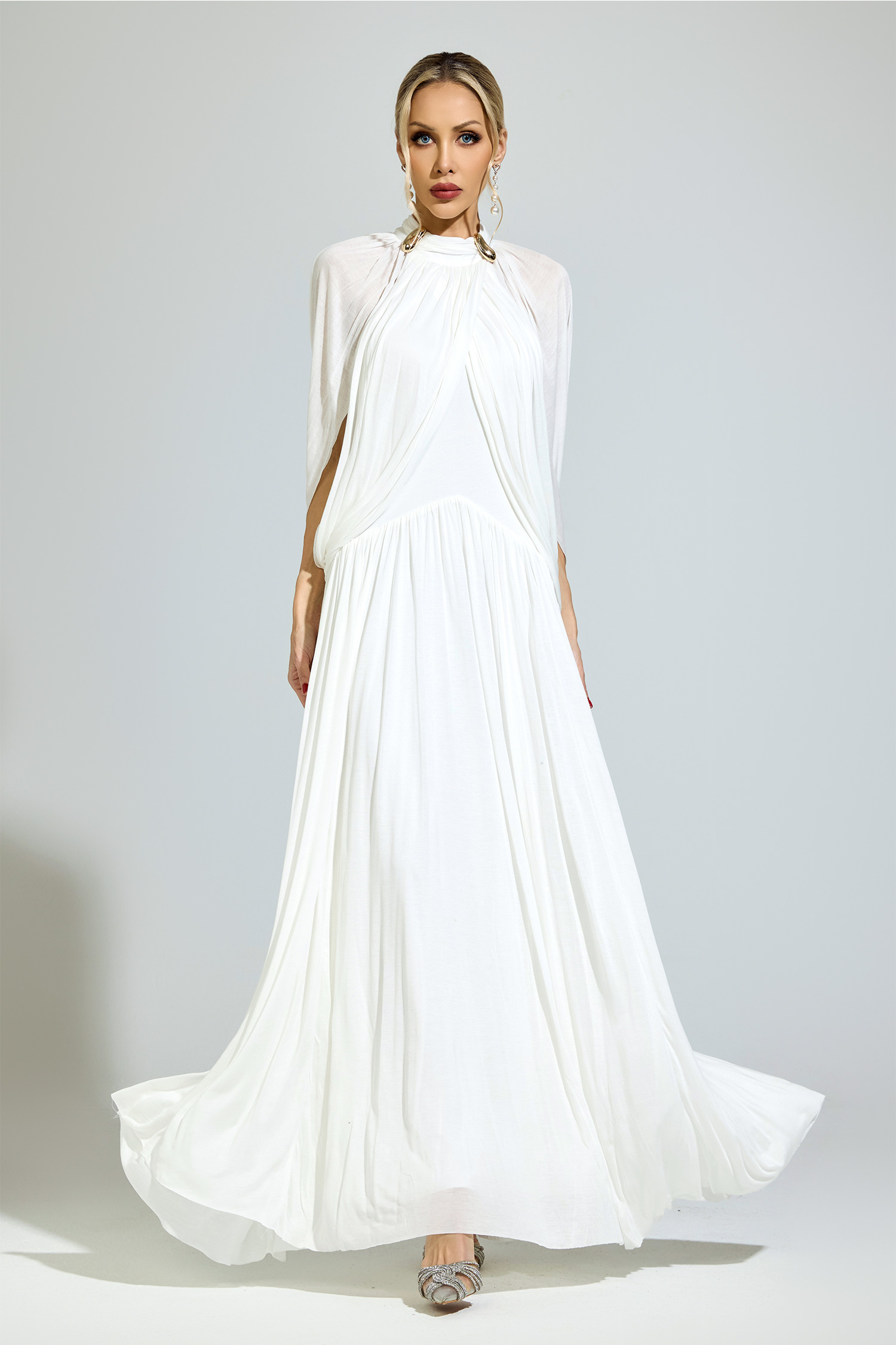 Habermas White Pleated Sweater Dress