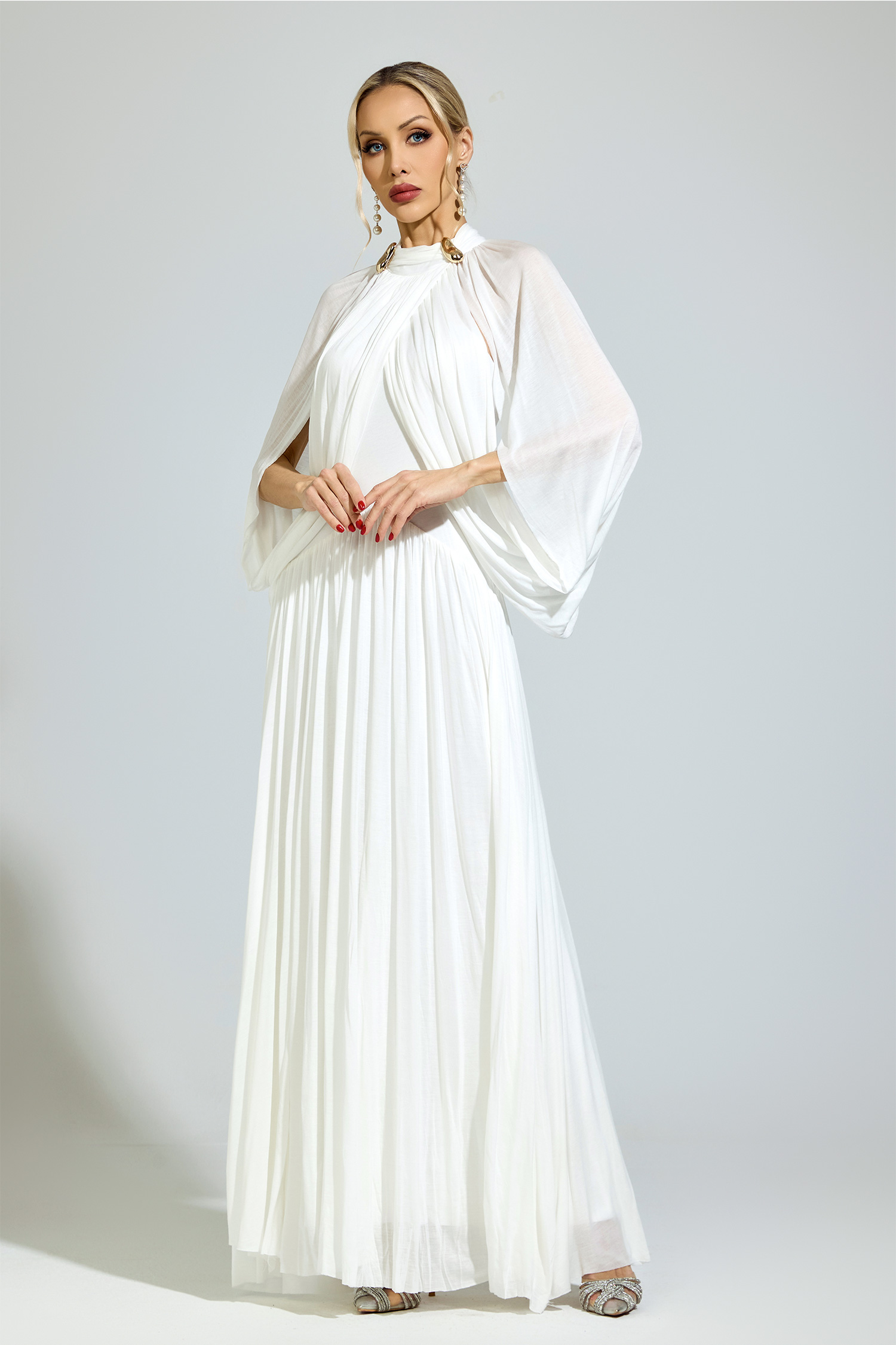 Habermas White Pleated Sweater Dress