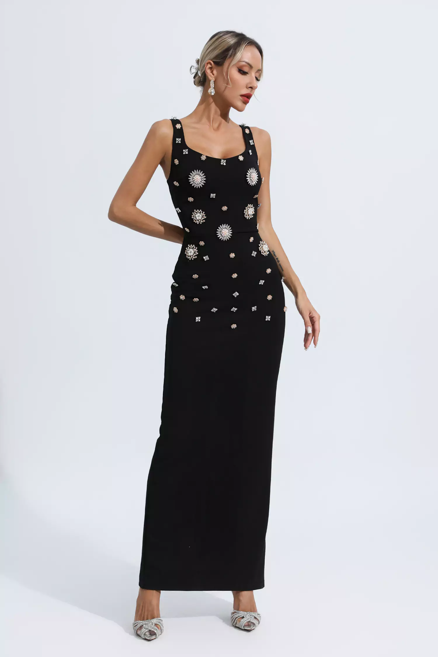 Hadlee Black Embellished Diamond Maxi Dress