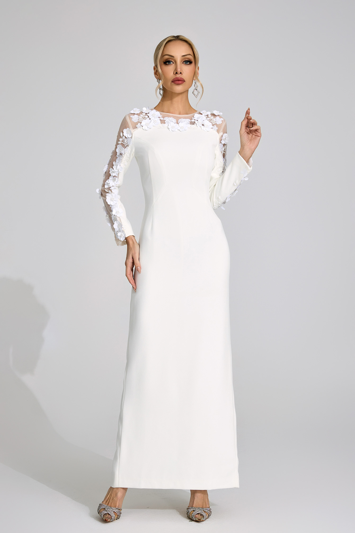 Hafren White 3D Floral Maxi Dress