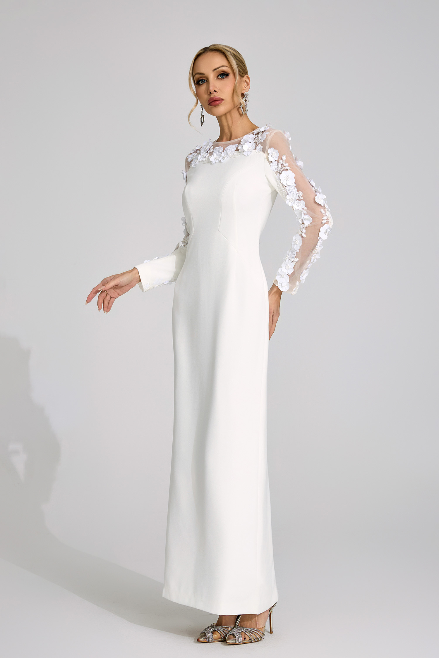 Hafren White 3D Floral Maxi Dress