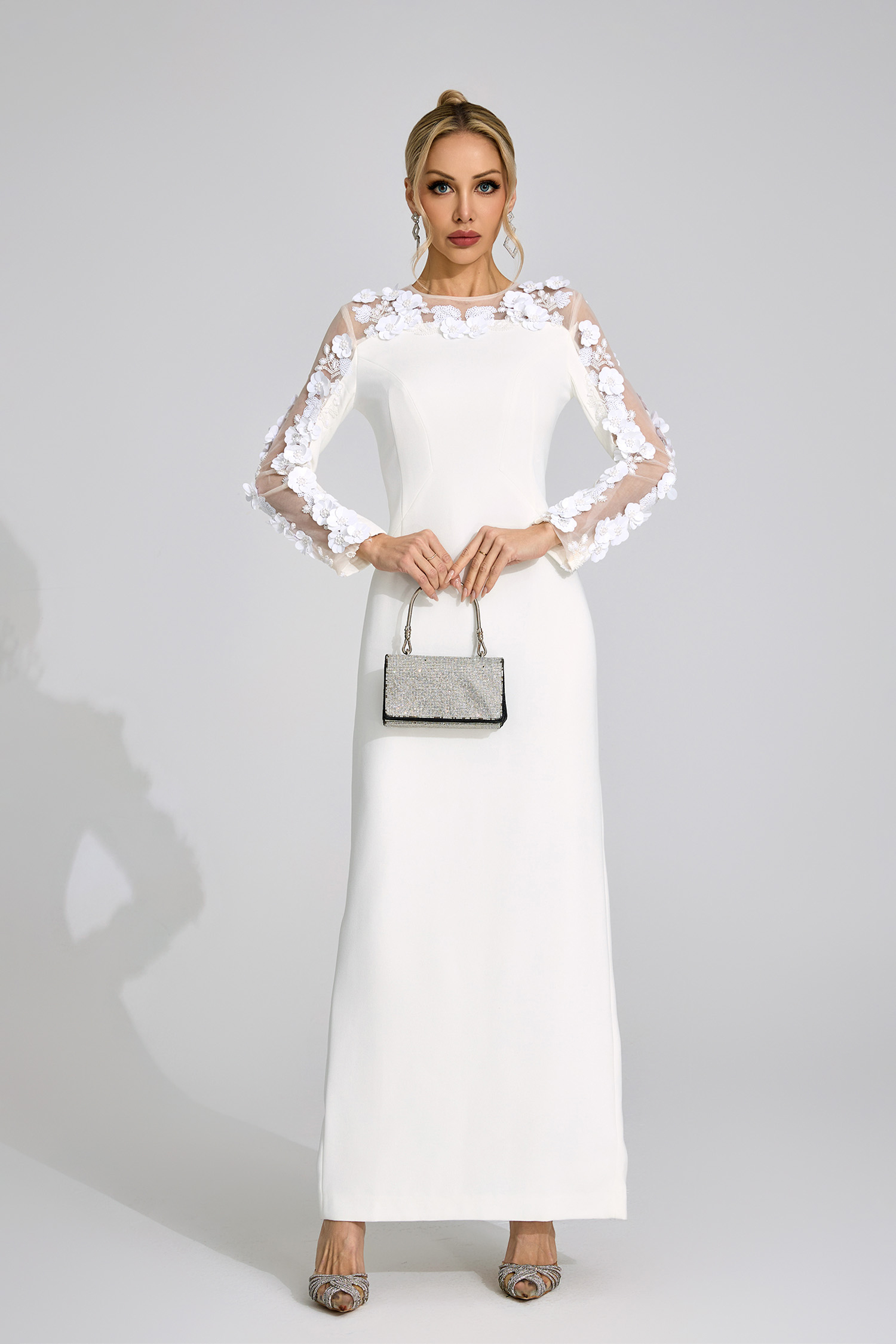 Hafren White 3D Floral Maxi Dress