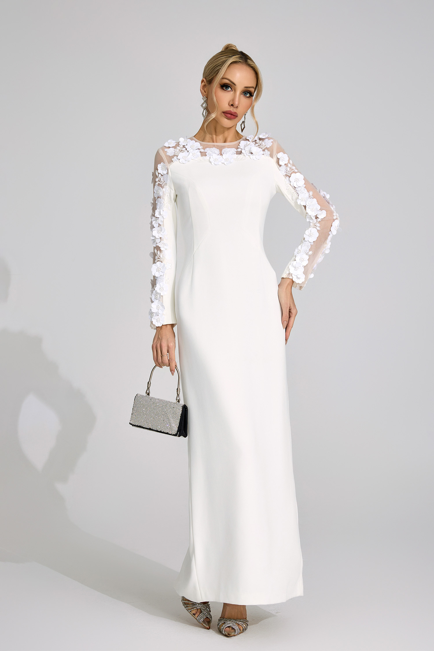Hafren White 3D Floral Maxi Dress