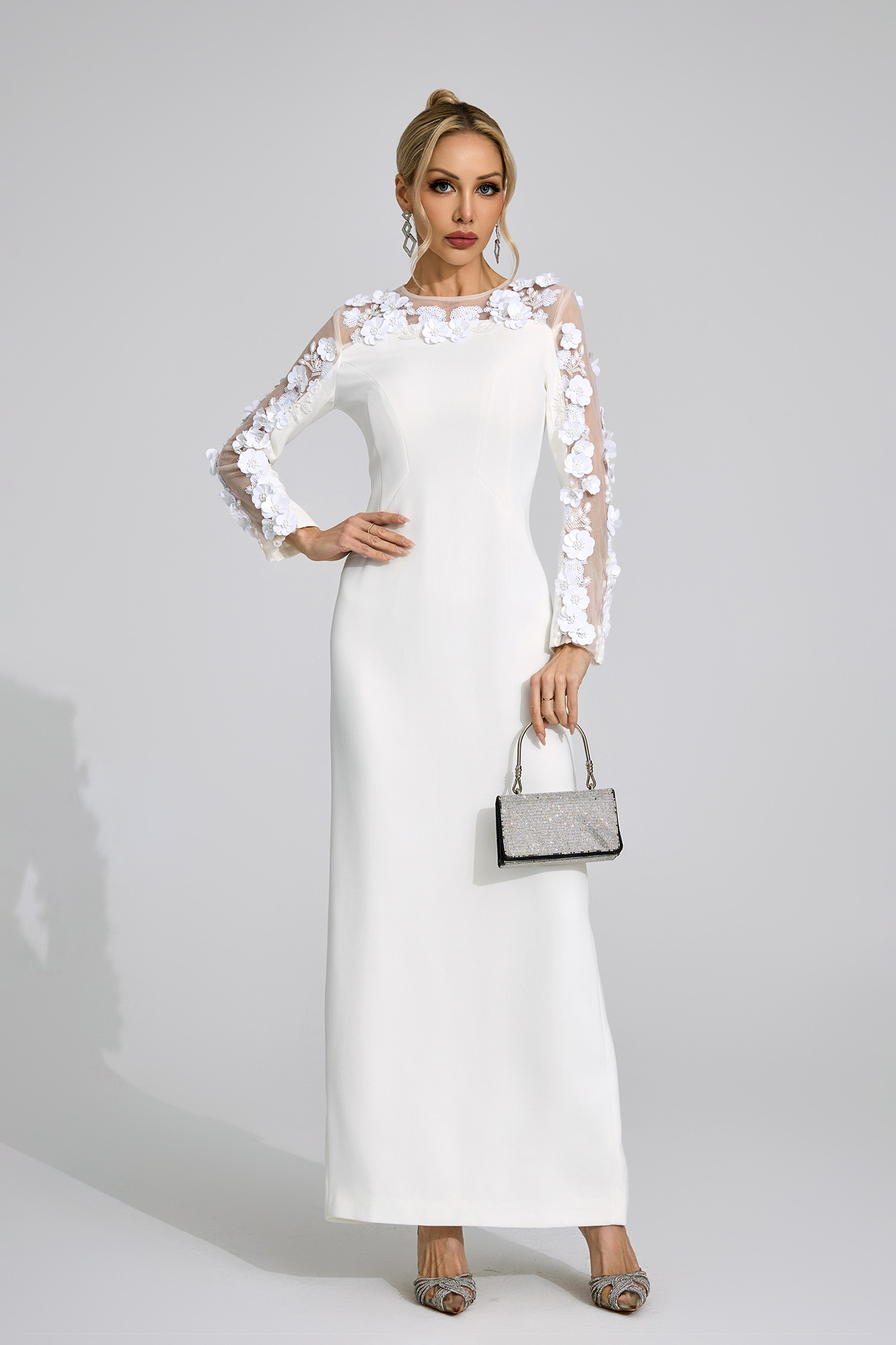 Hafren White 3D Floral Maxi Dress