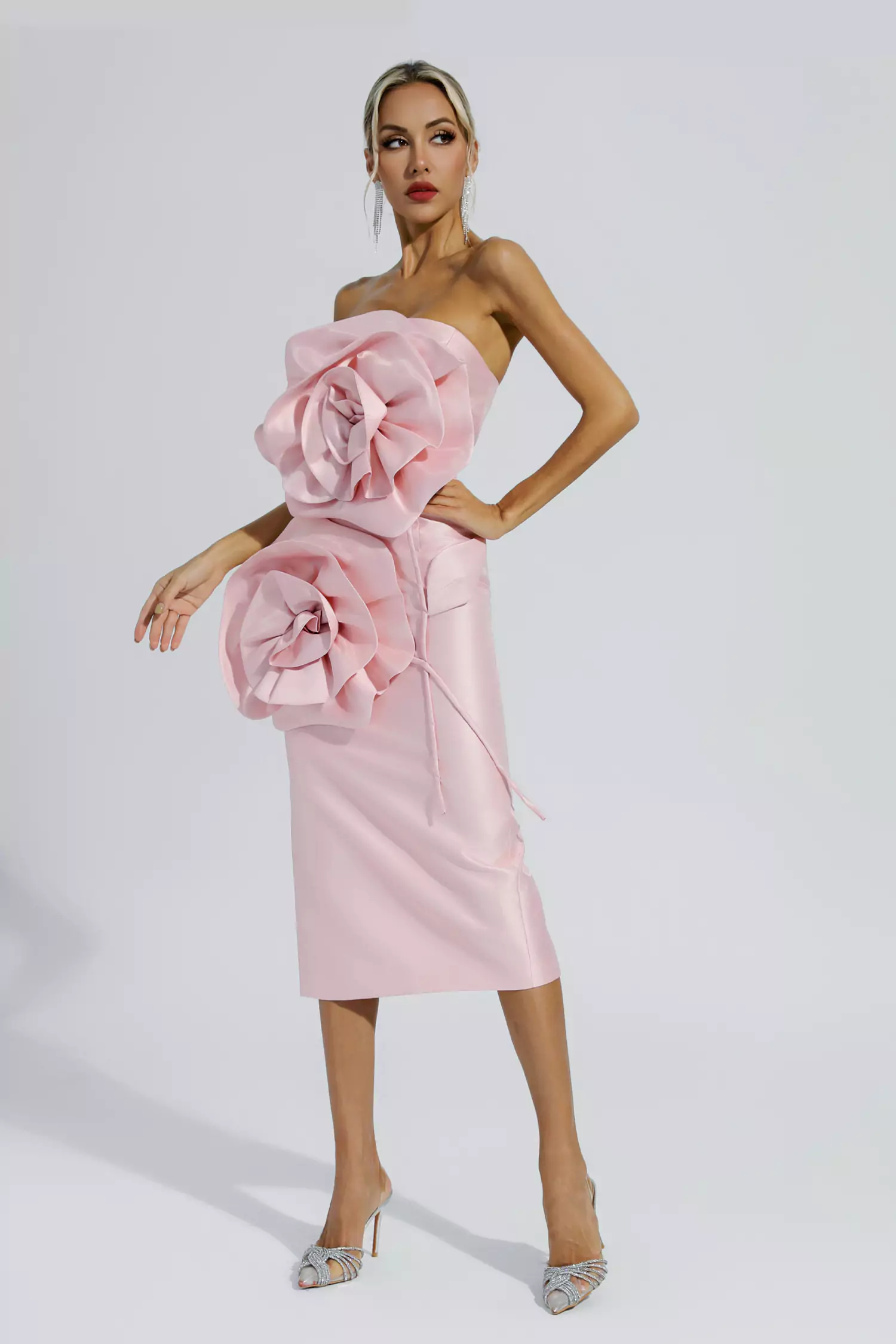 Haley Pink Floral Strapless Midi Evening Dress-CATCHALL