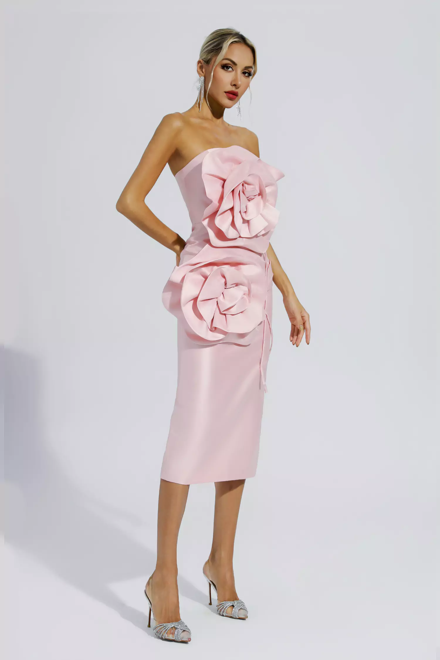 Haley Pink Floral Strapless Midi Evening Dress-CATCHALL