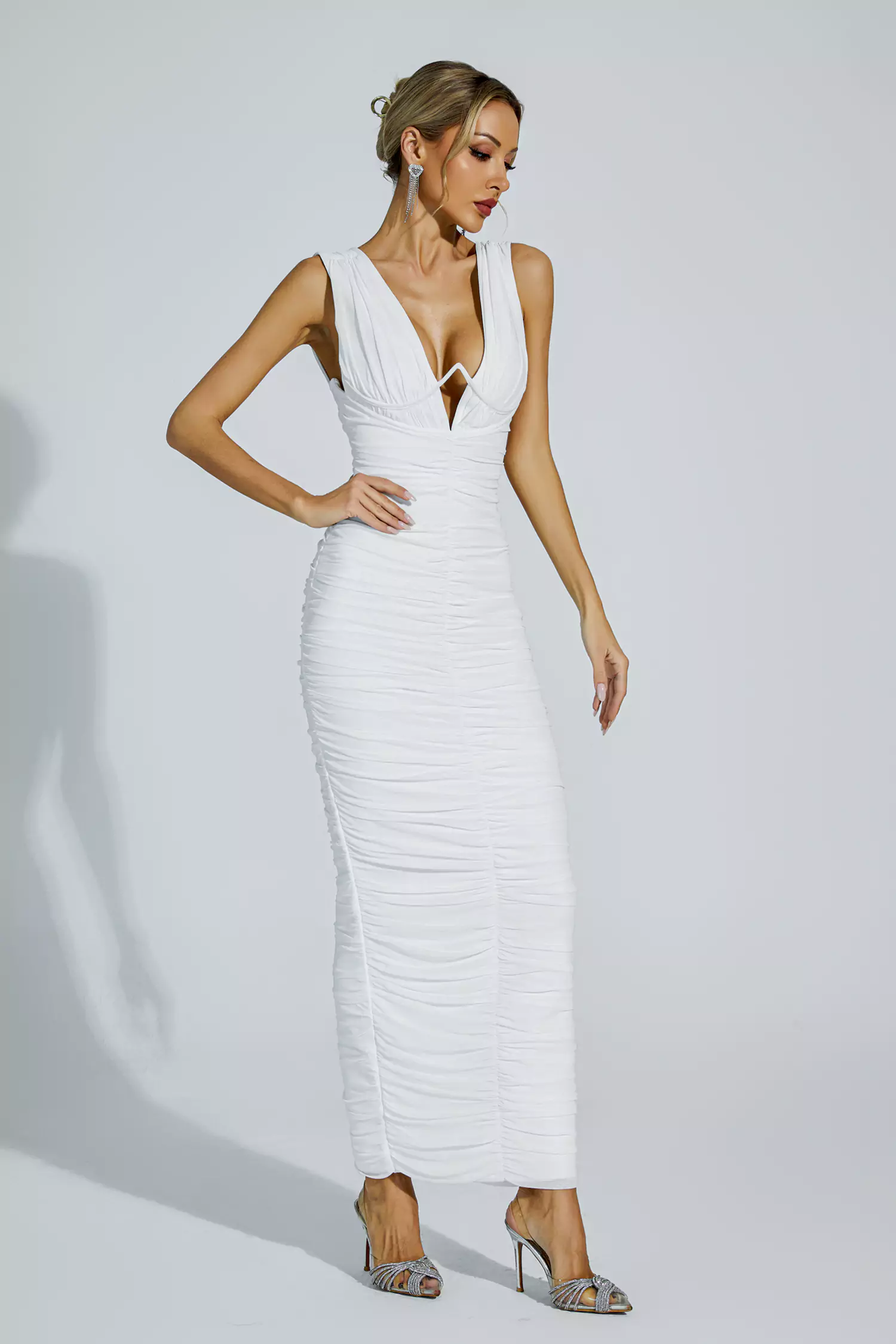 Hana White V-neck Bandage Dress-CATCHALL