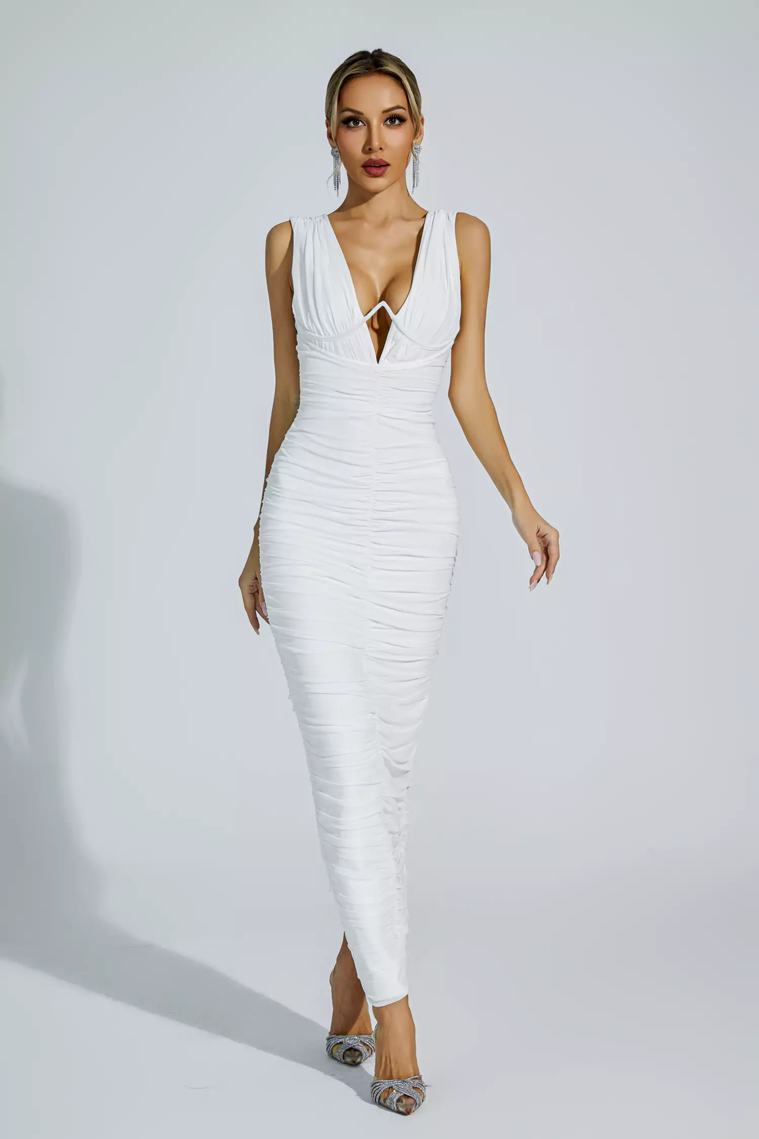 Hana White V-neck Bandage Dress-CATCHALL