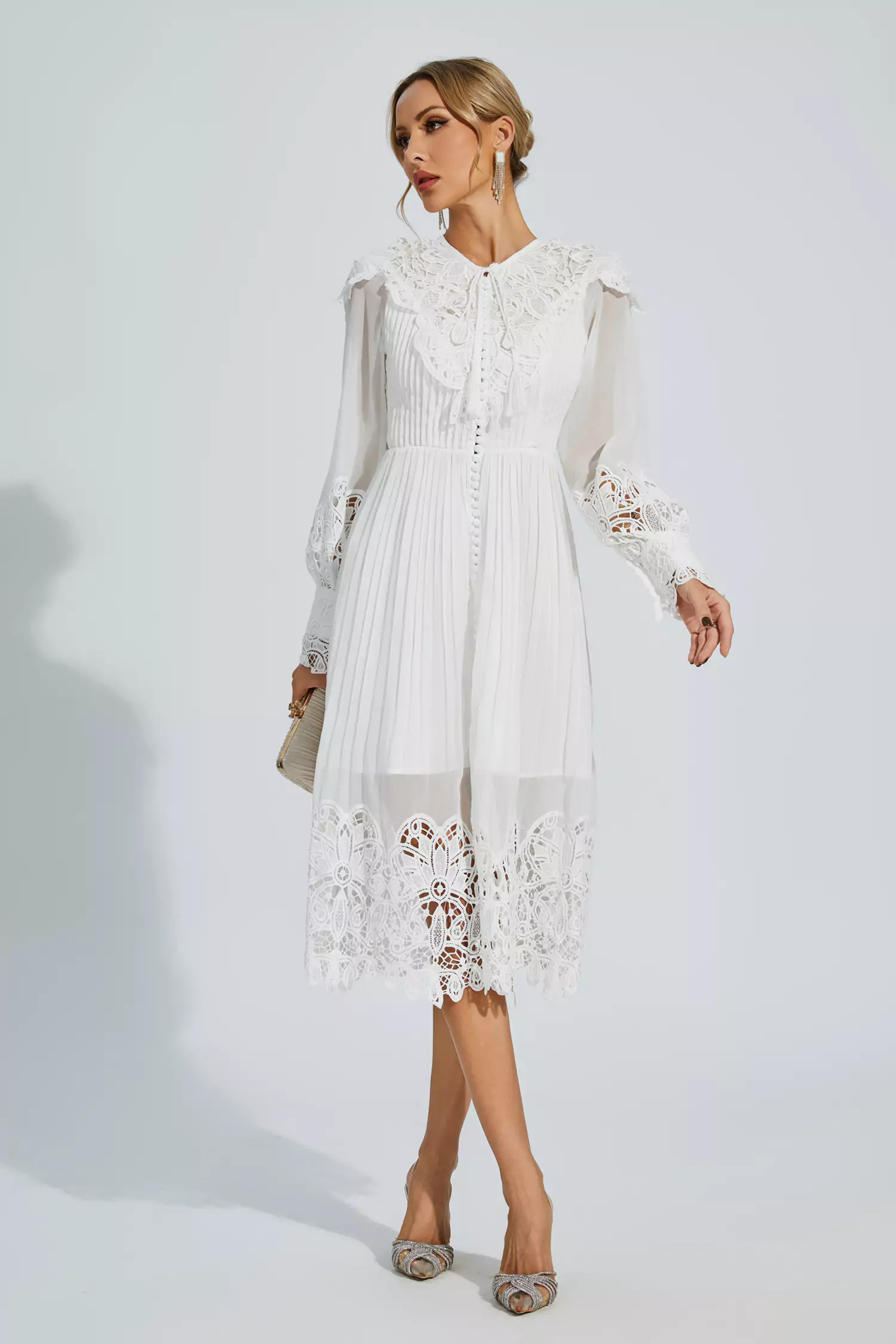 Harlee White Hollow Embroidery Midi Dress-CATCHALL