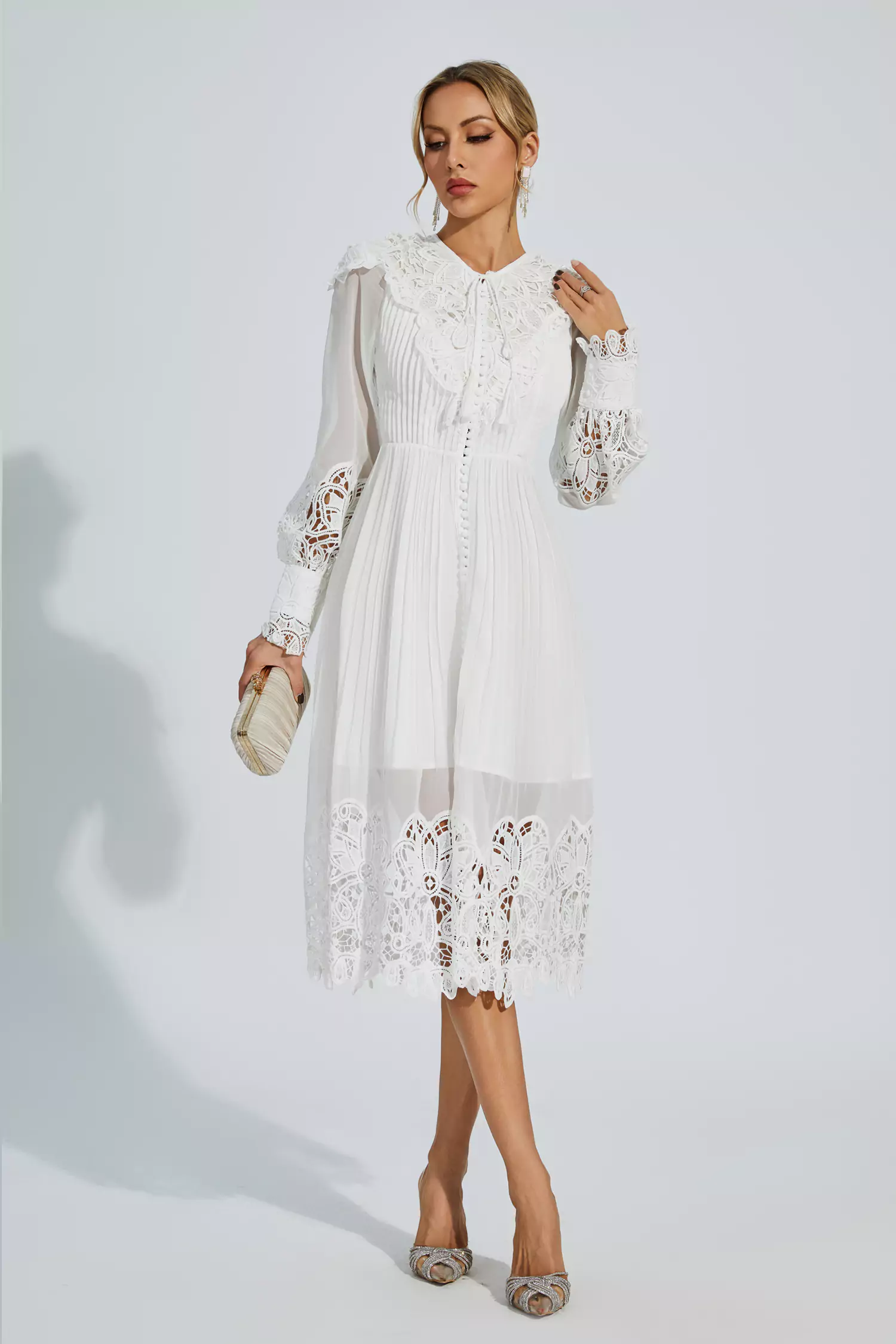 Harlee White Hollow Embroidery Midi Dress-CATCHALL