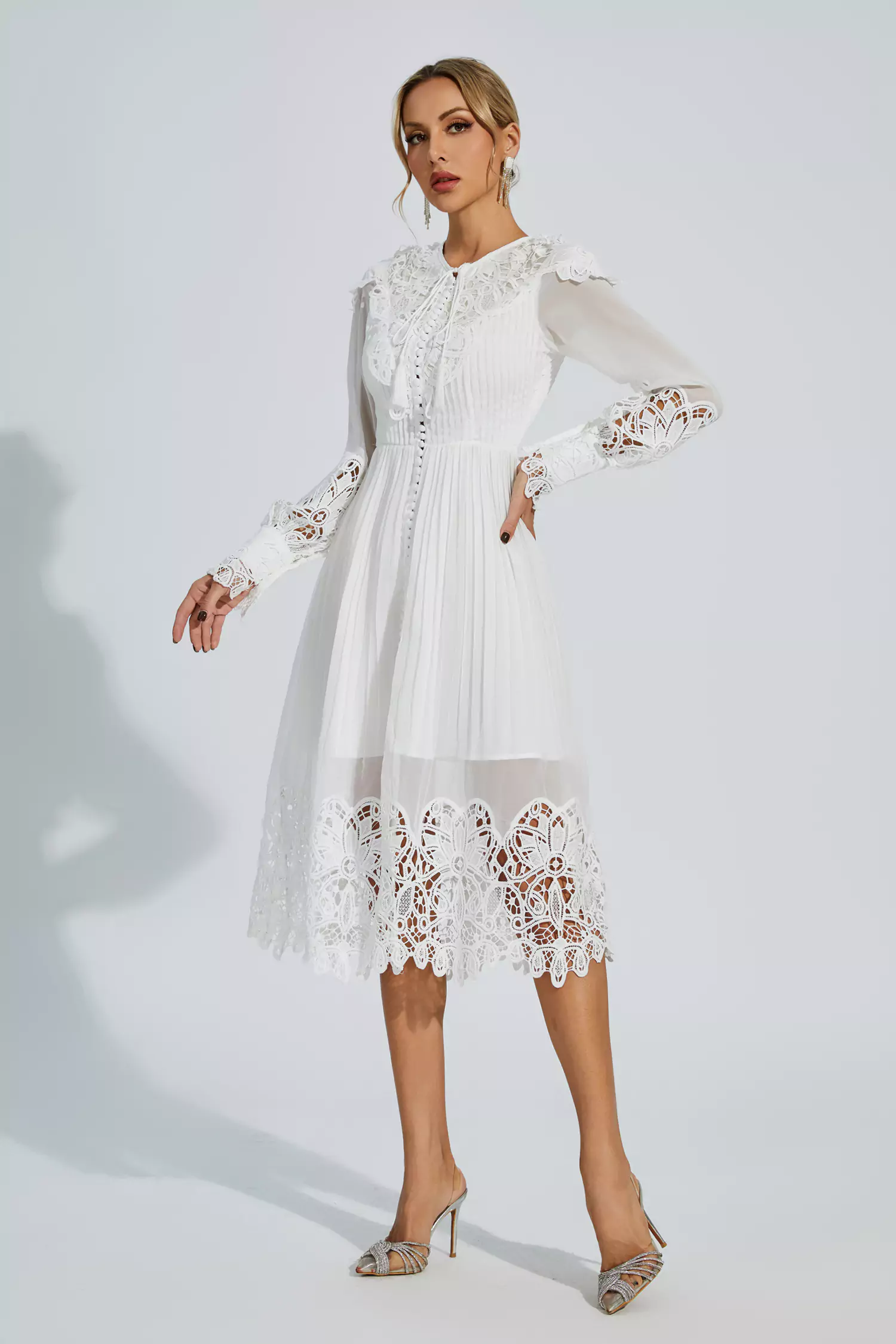 Harlee White Hollow Embroidery Midi Dress-CATCHALL