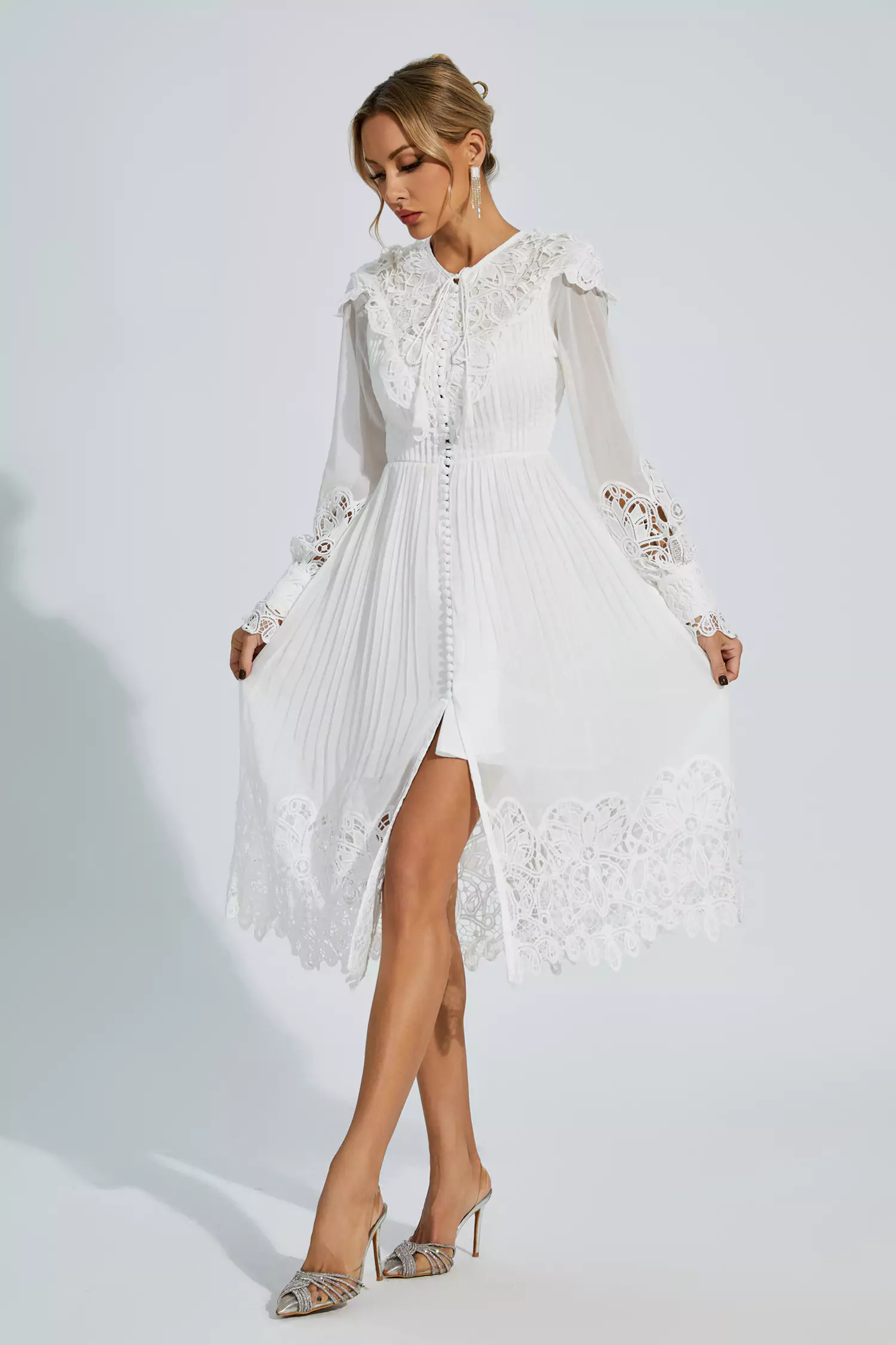 Harlee White Hollow Embroidery Midi Dress-CATCHALL
