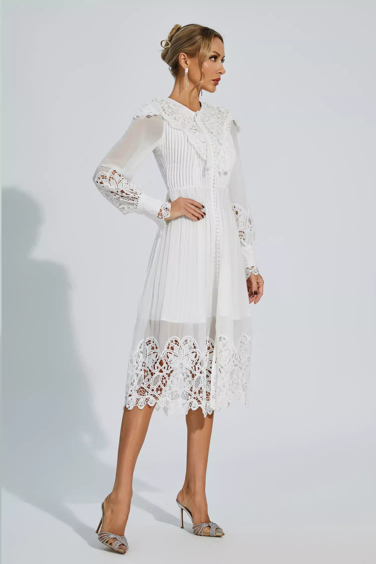 Harlee White Hollow Embroidery Midi Dress-CATCHALL