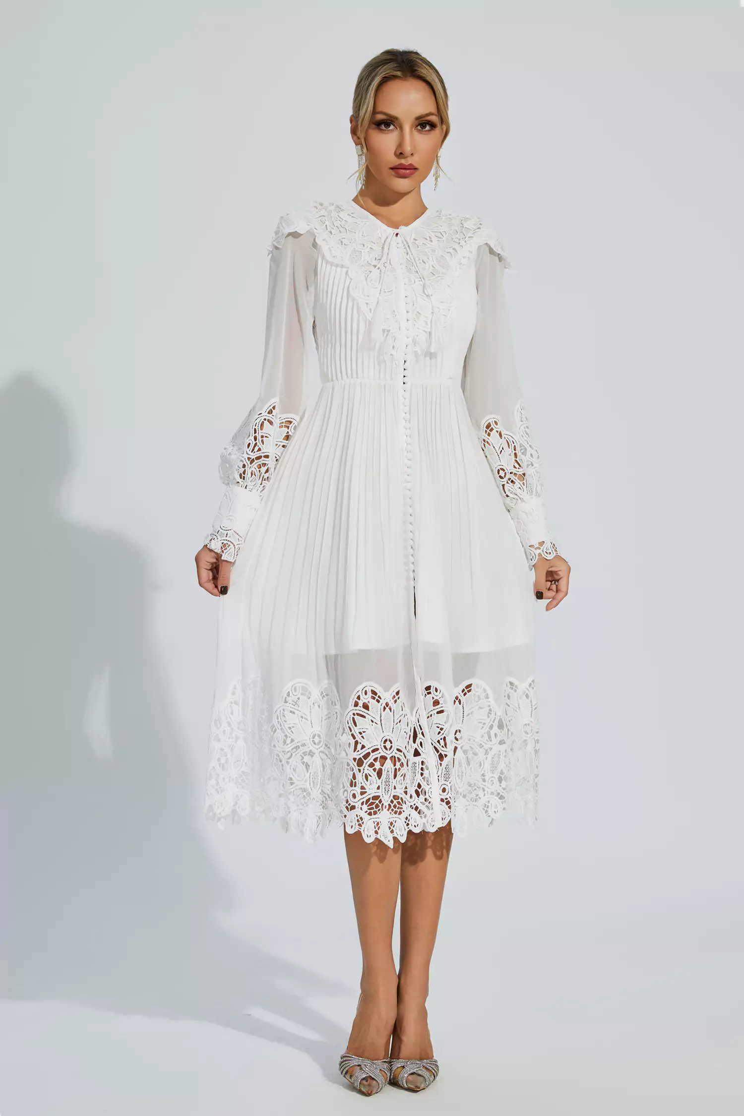 Harlee White Hollow Embroidery Midi Dress-CATCHALL