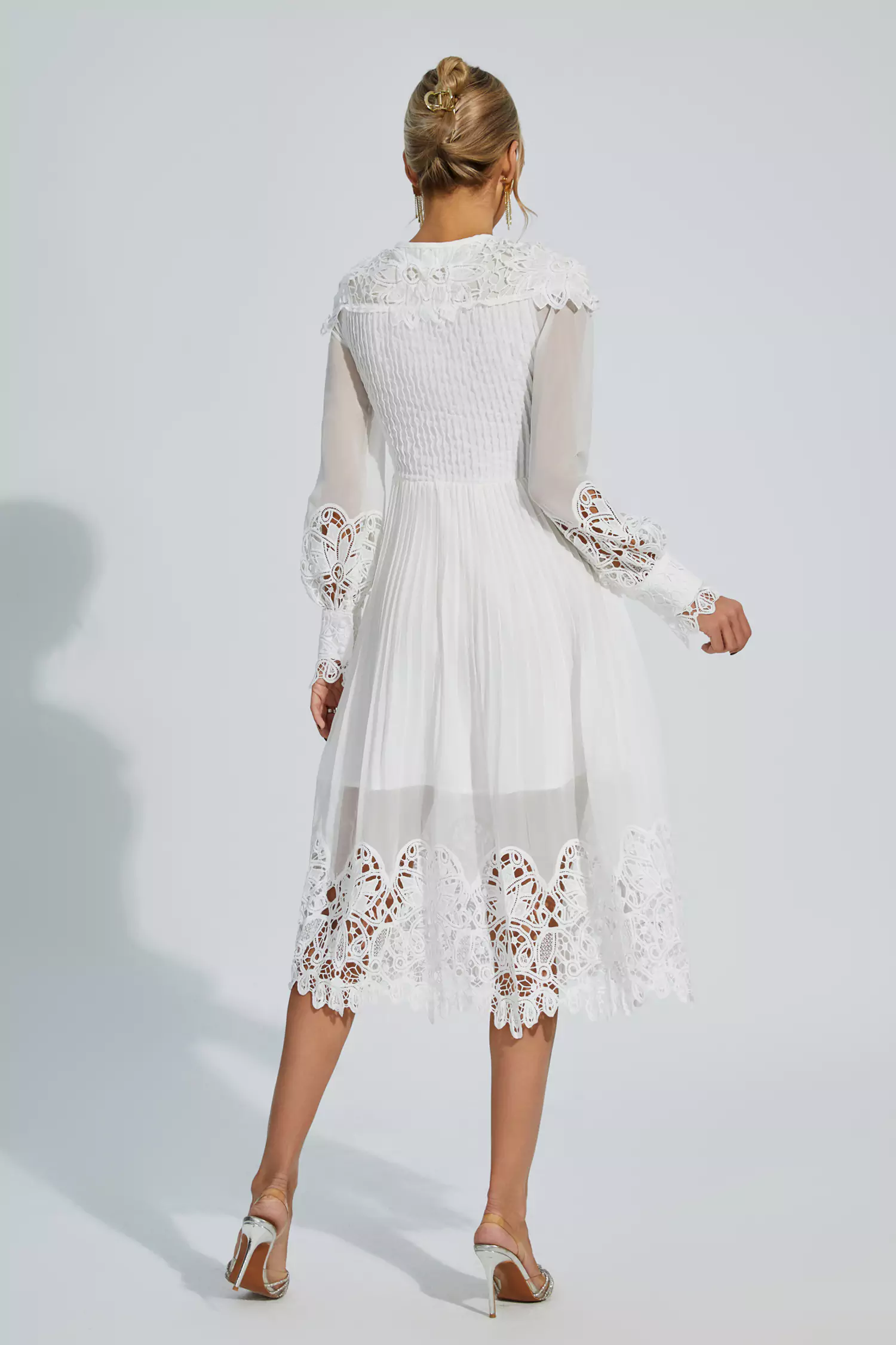 Harlee White Hollow Embroidery Midi Dress-CATCHALL