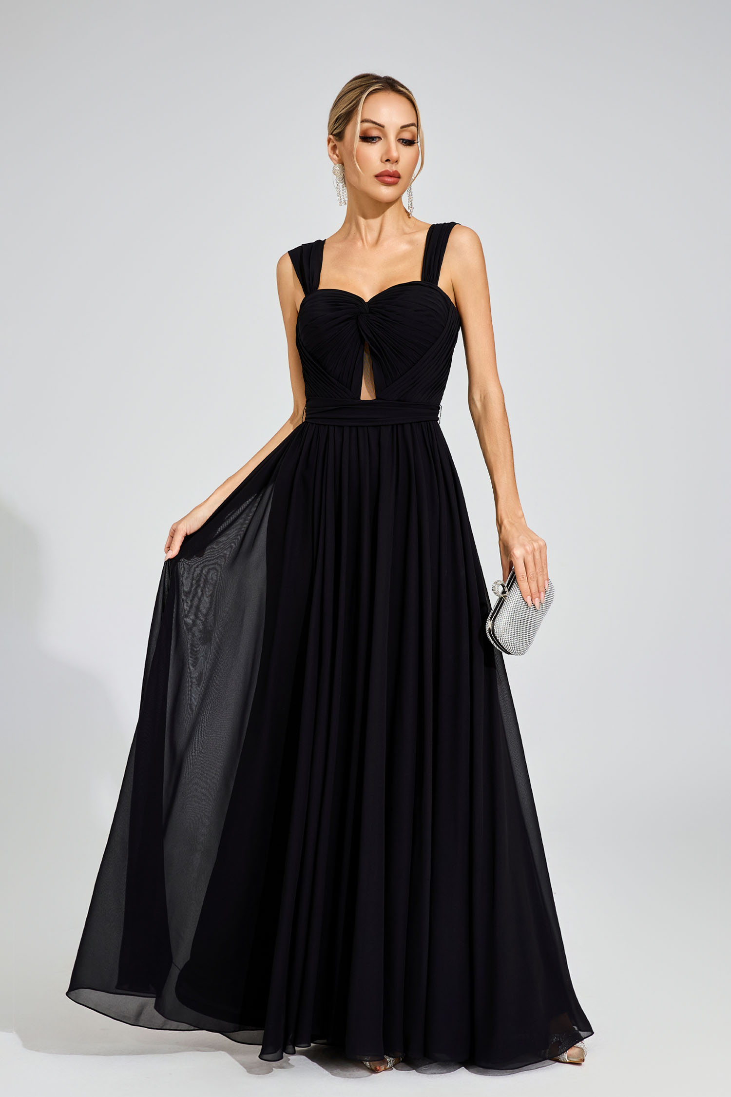 Harry Black Twist Front Chiffon Evening Dress