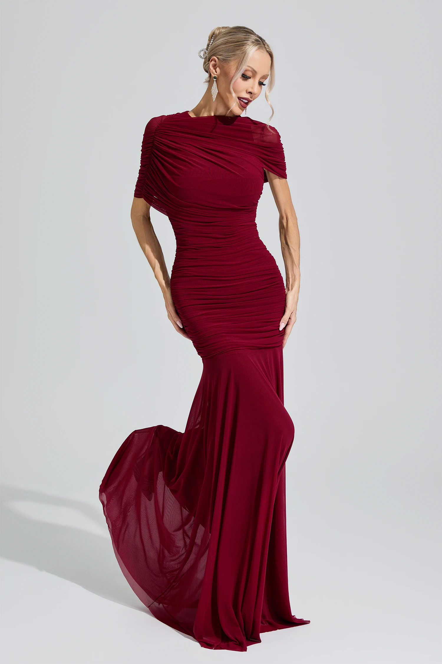 Hathor Red Slim Fit Ruched Bodycon Maxi Dress