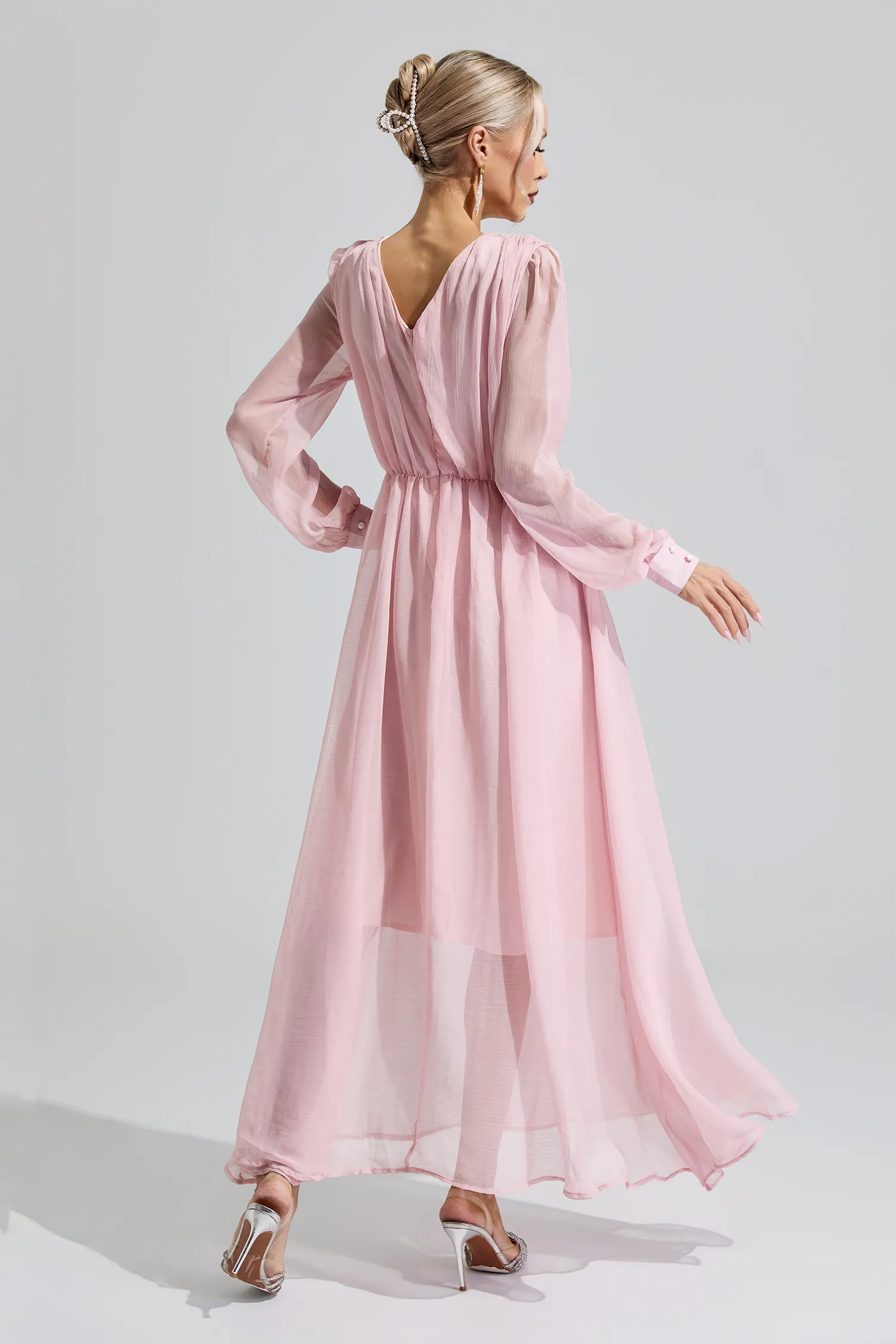 Hatshepsut Pink Rhinestone Ruched Maxi Dress
