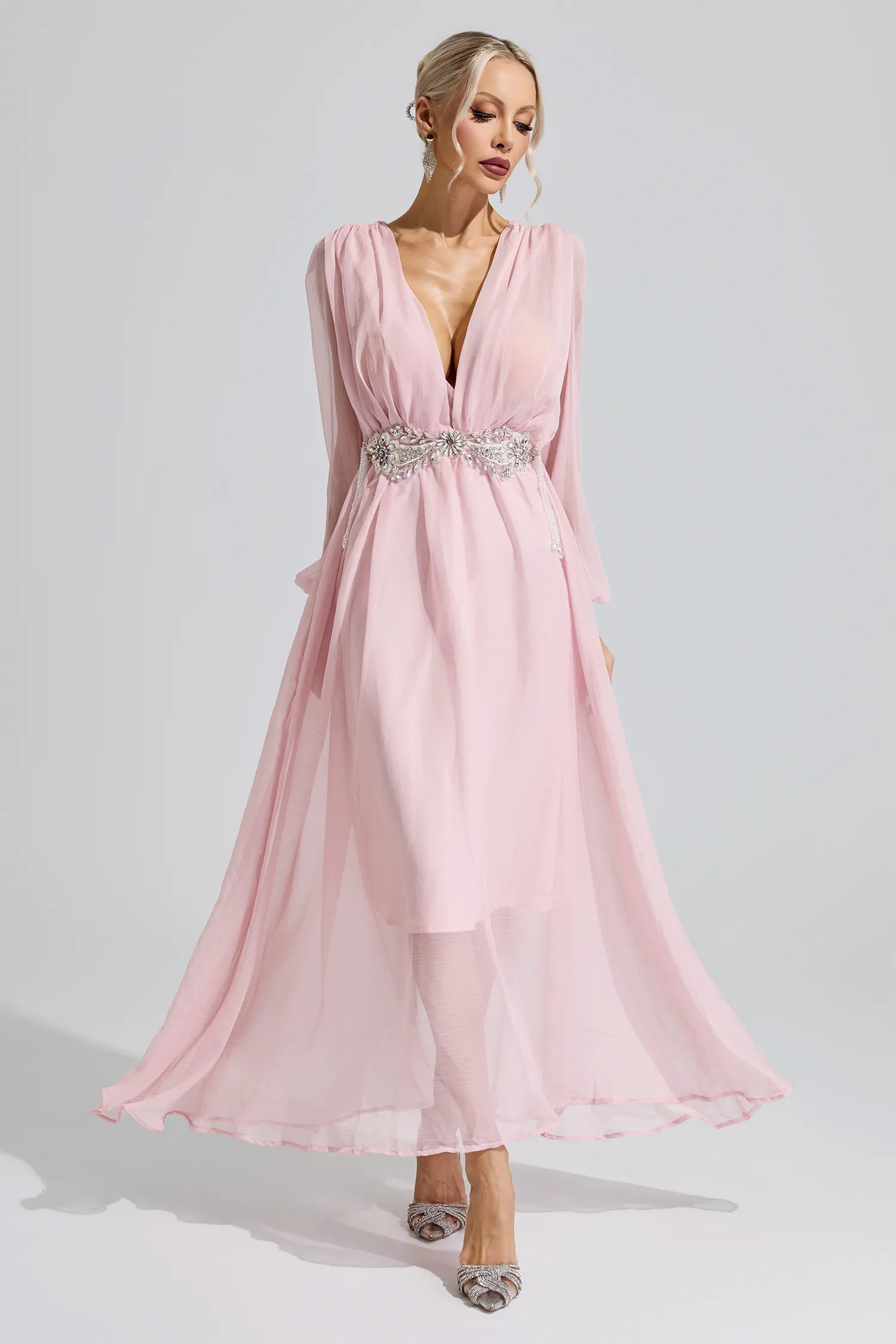Hatshepsut Pink Rhinestone Ruched Maxi Dress