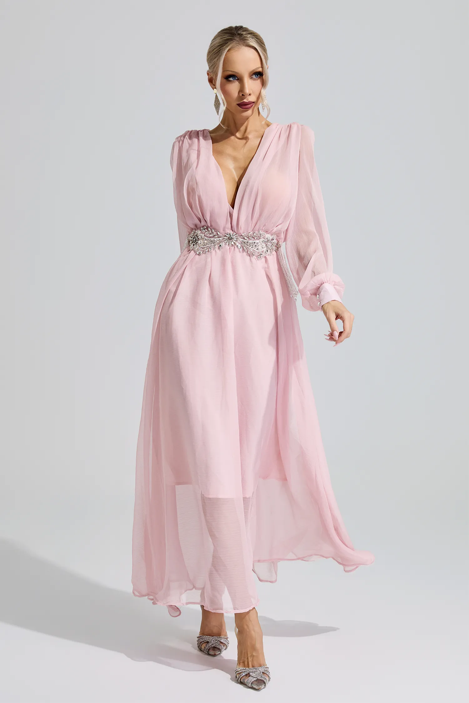 Hatshepsut Pink Rhinestone Ruched Maxi Dress