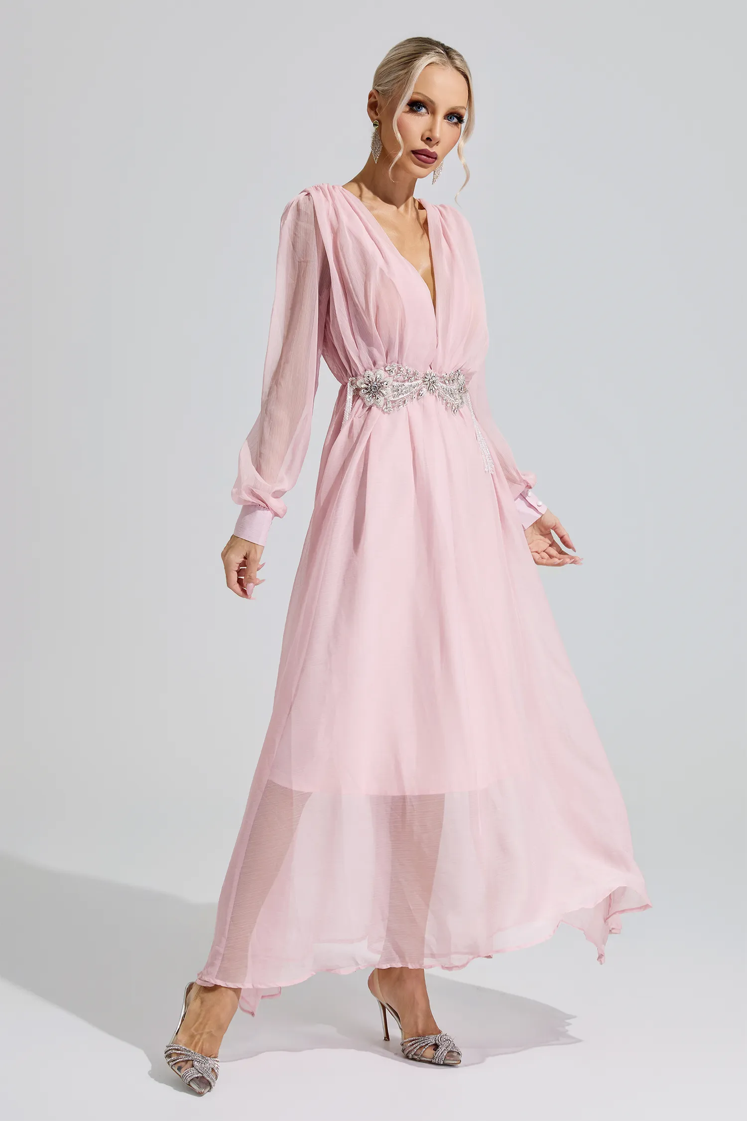 Hatshepsut Pink Rhinestone Ruched Maxi Dress