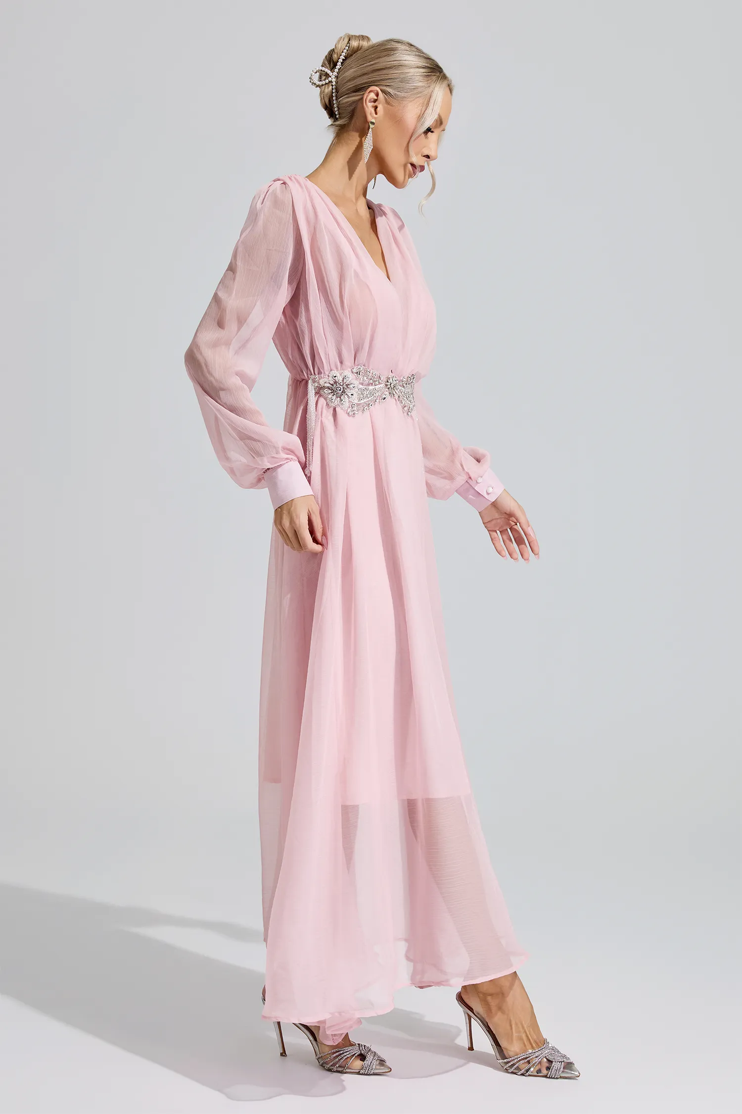Hatshepsut Pink Rhinestone Ruched Maxi Dress