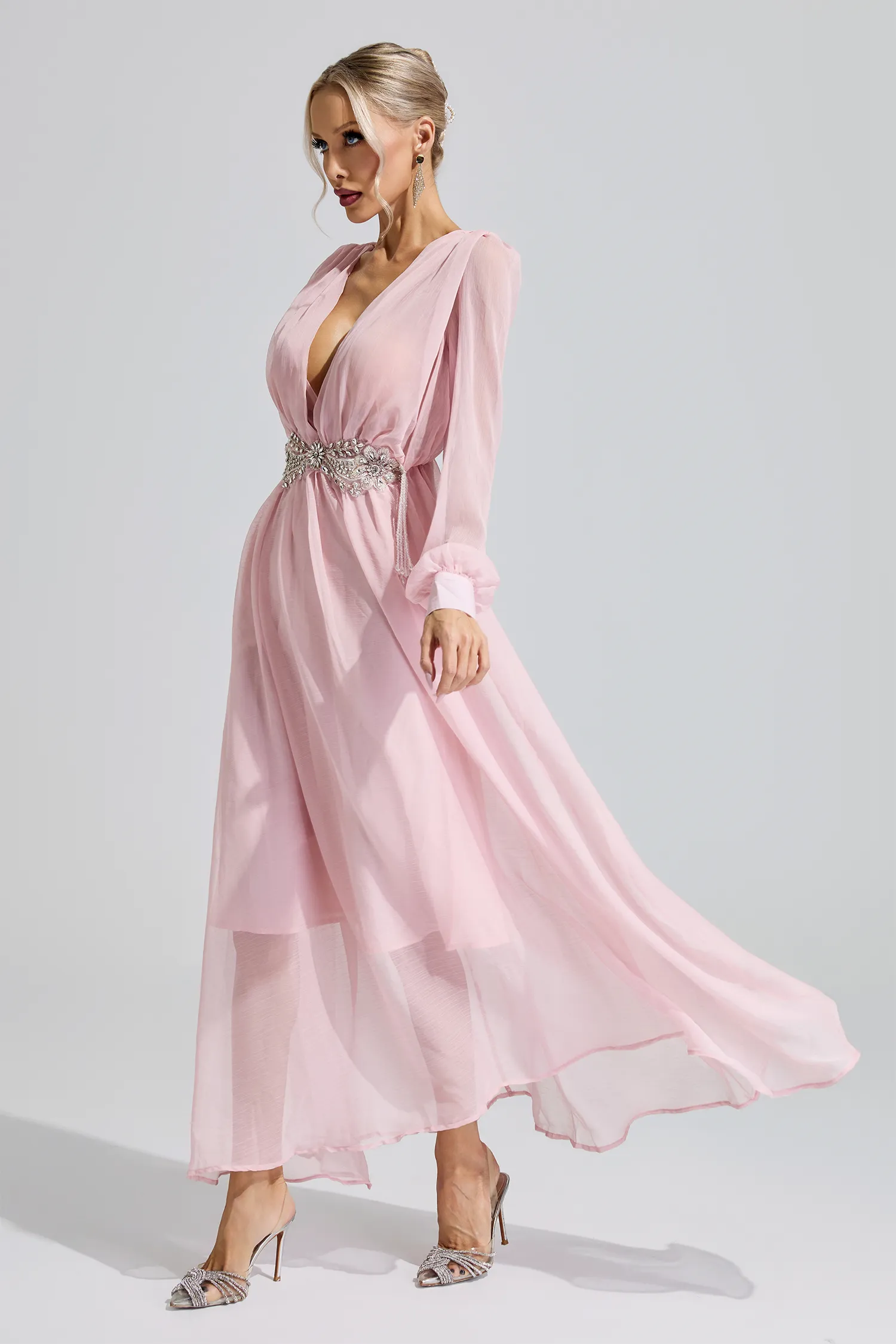 Hatshepsut Pink Rhinestone Ruched Maxi Dress