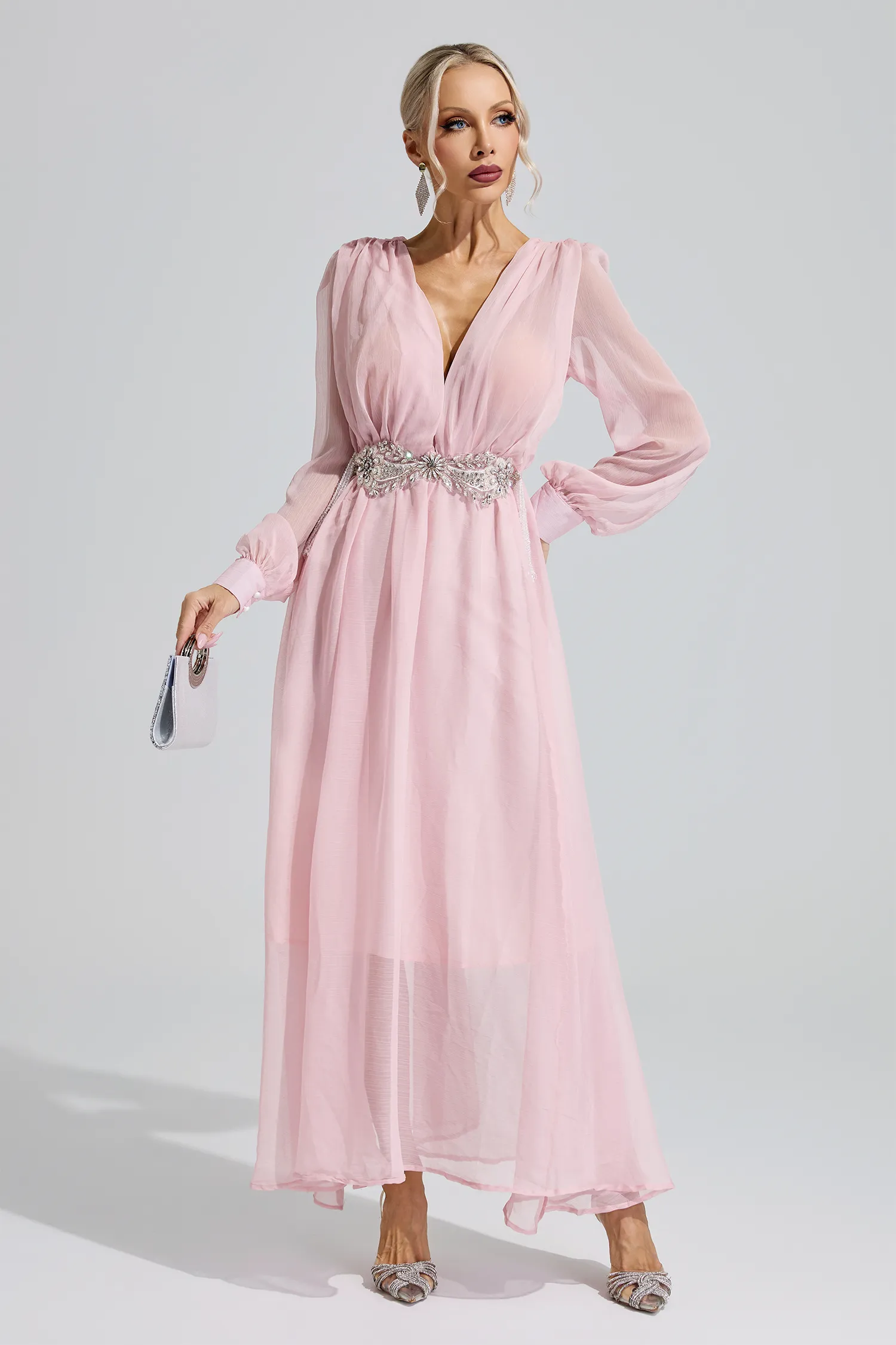 Hatshepsut Pink Rhinestone Ruched Maxi Dress