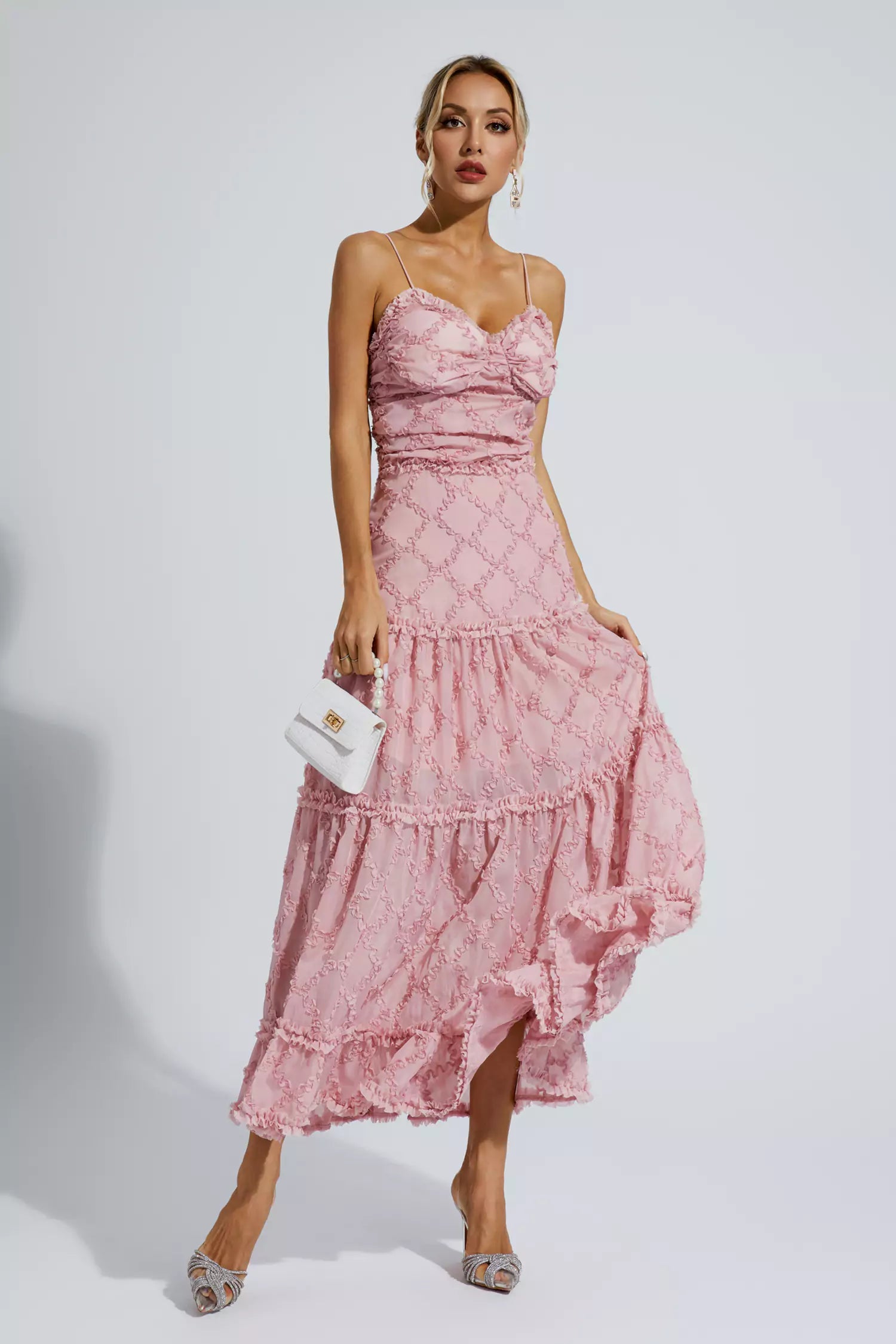 Pink ruched maxi clearance dress