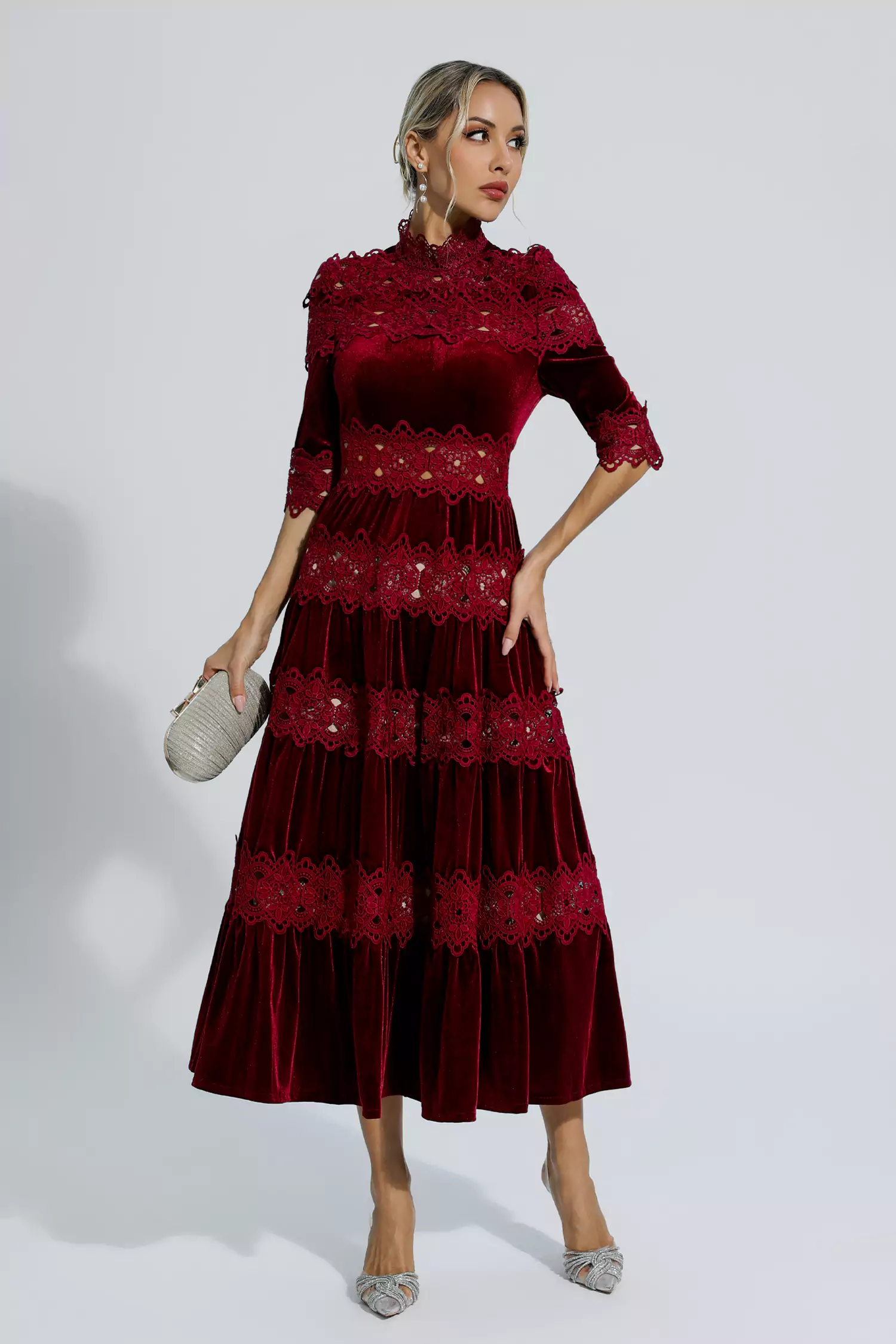 Henley Wine Red Cut Out Long Sleeve Dress-CATCHALL