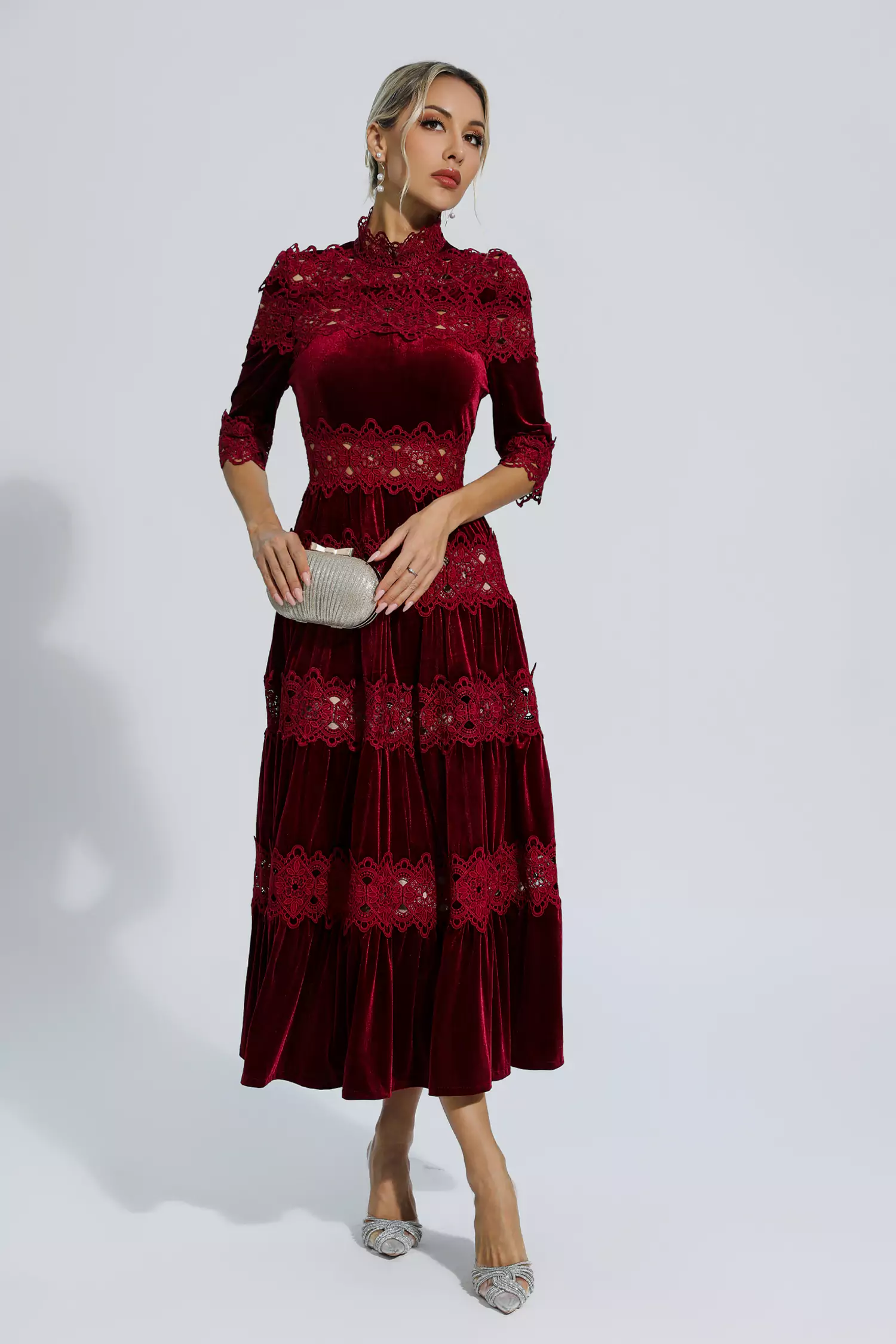 Henley Wine Red Cut Out Long Sleeve Dress-CATCHALL