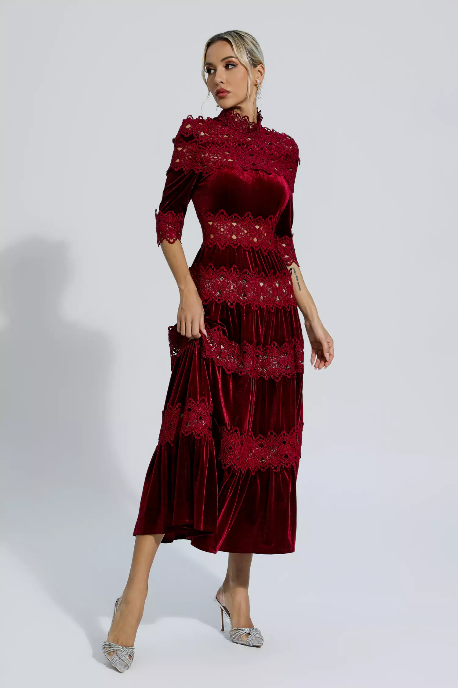 Henley Wine Red Cut Out Long Sleeve Dress-CATCHALL