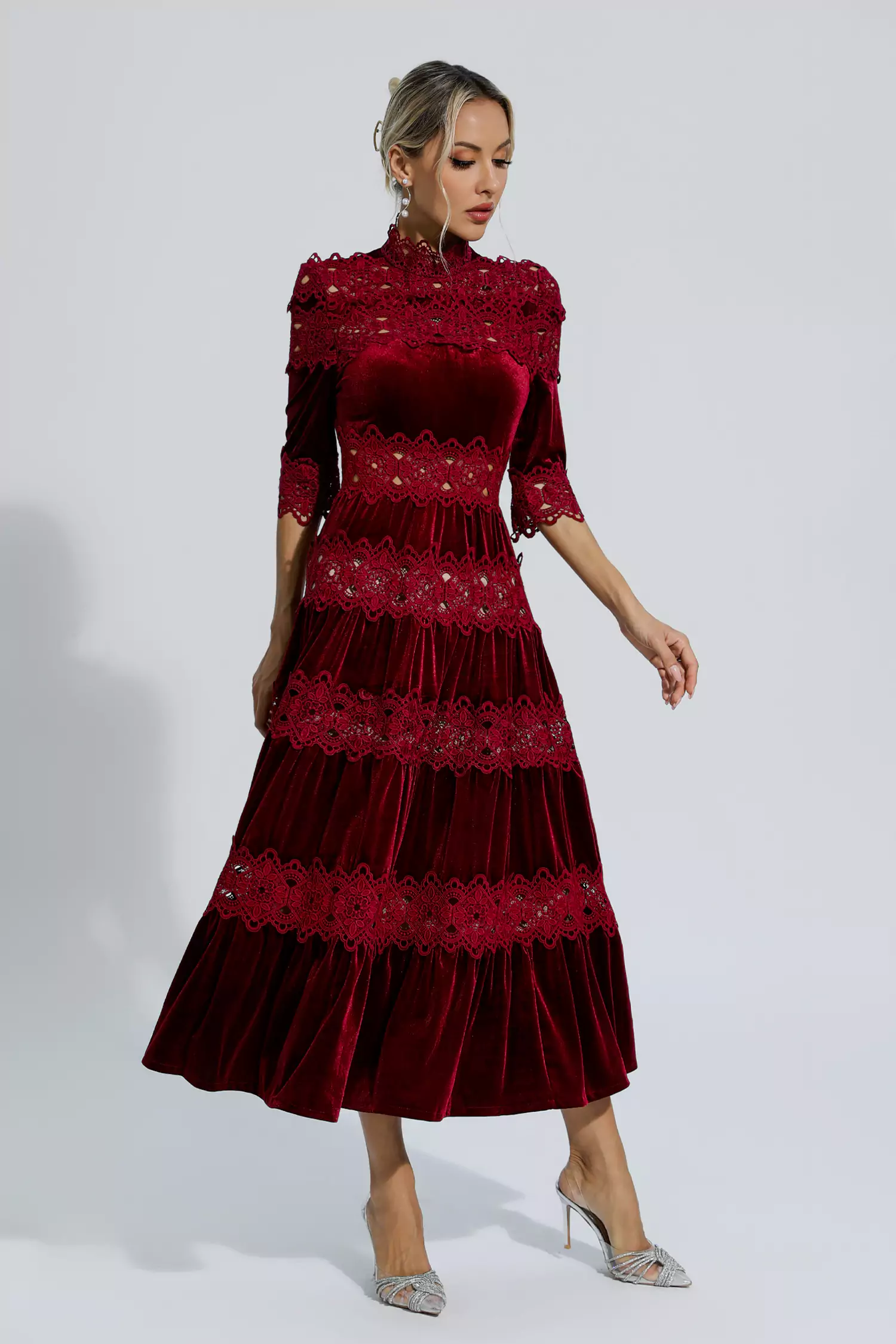 Henley Wine Red Cut Out Long Sleeve Dress-CATCHALL