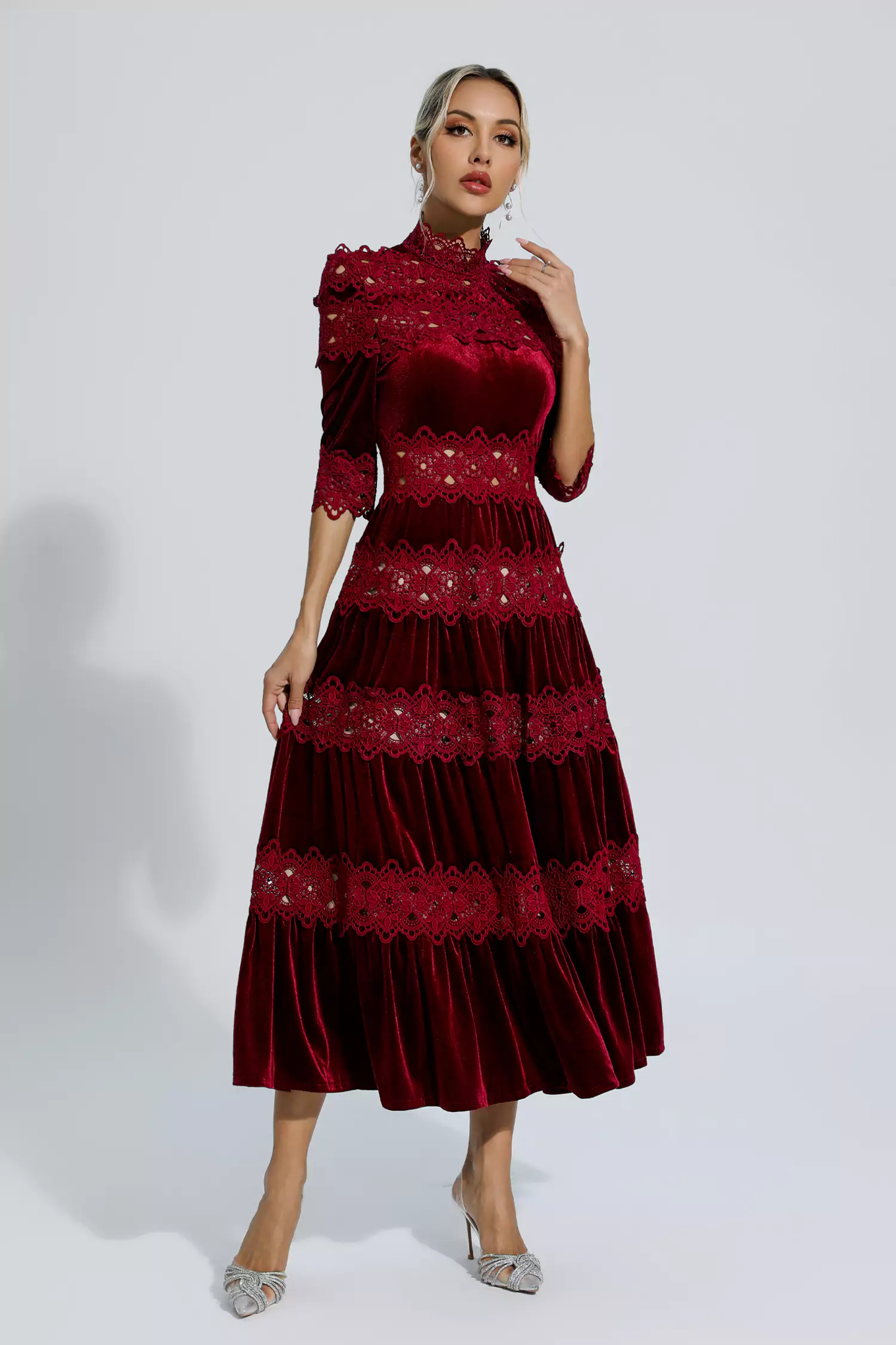 Henley Wine Red Cut Out Long Sleeve Dress-CATCHALL