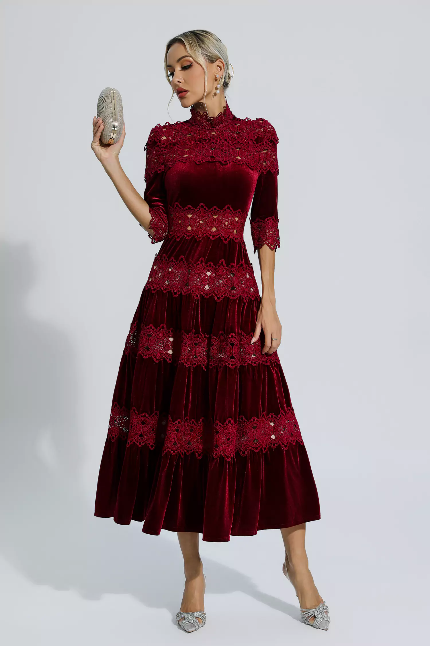 Henley Wine Red Cut Out Long Sleeve Dress-CATCHALL