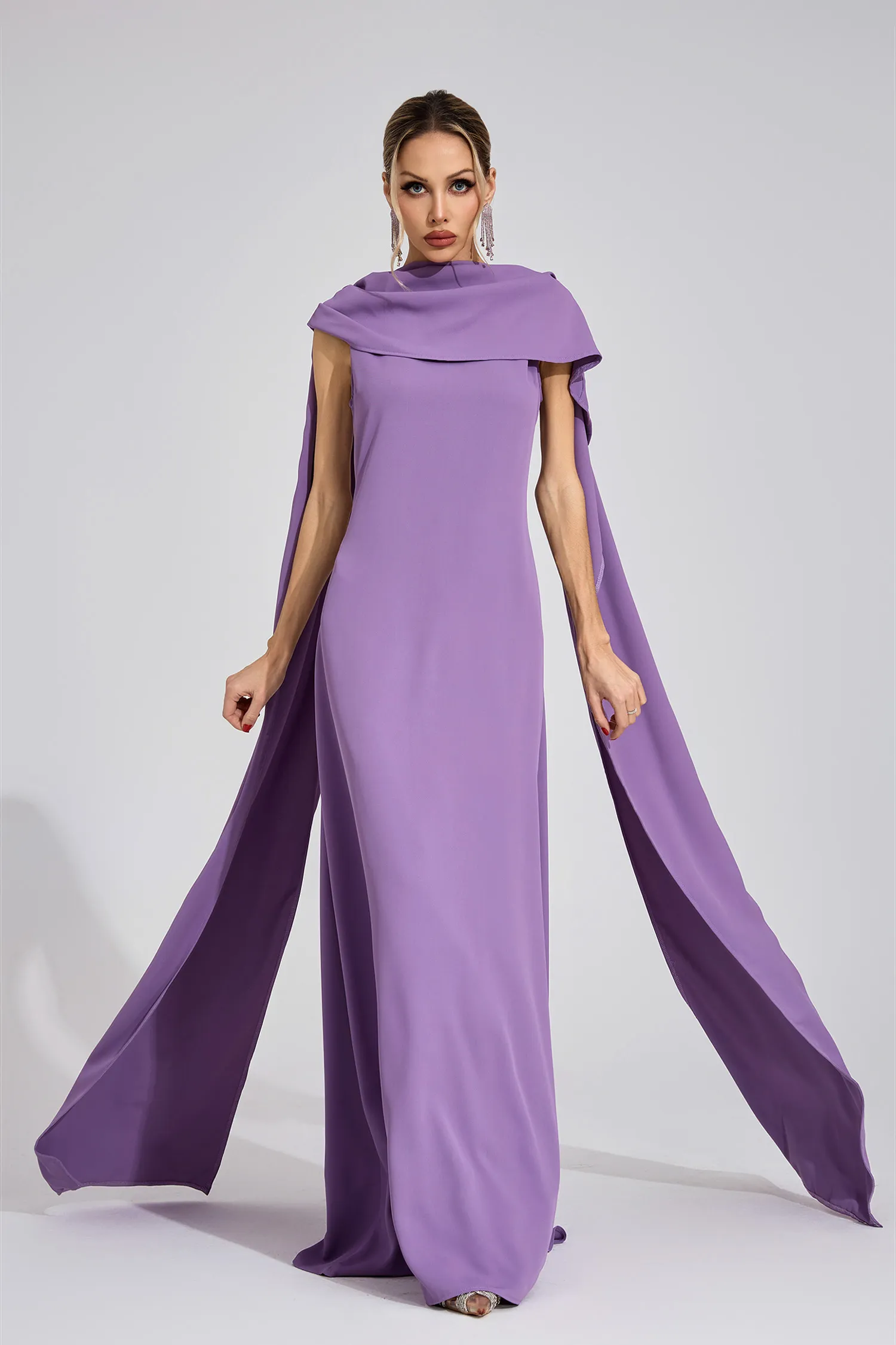Henrietta Purple Cape Maxi Dress