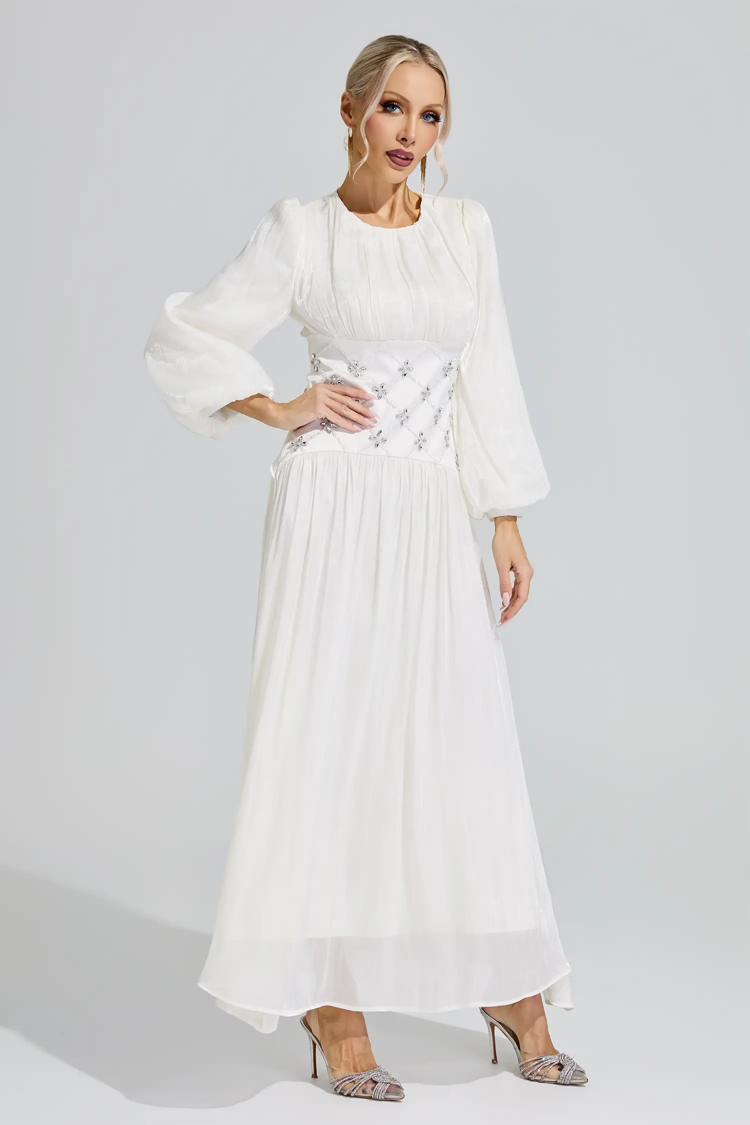 Hestia White Ruched Waist Ball Gown