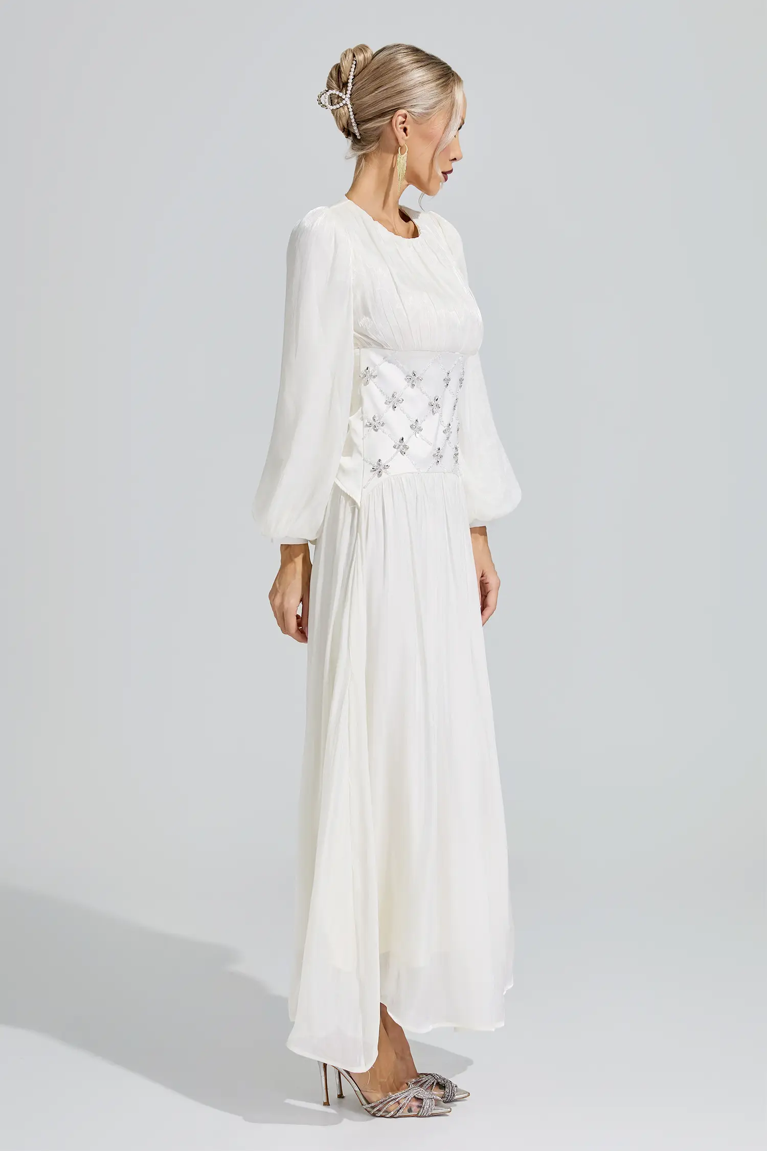 Hestia White Ruched Waist Ball Gown