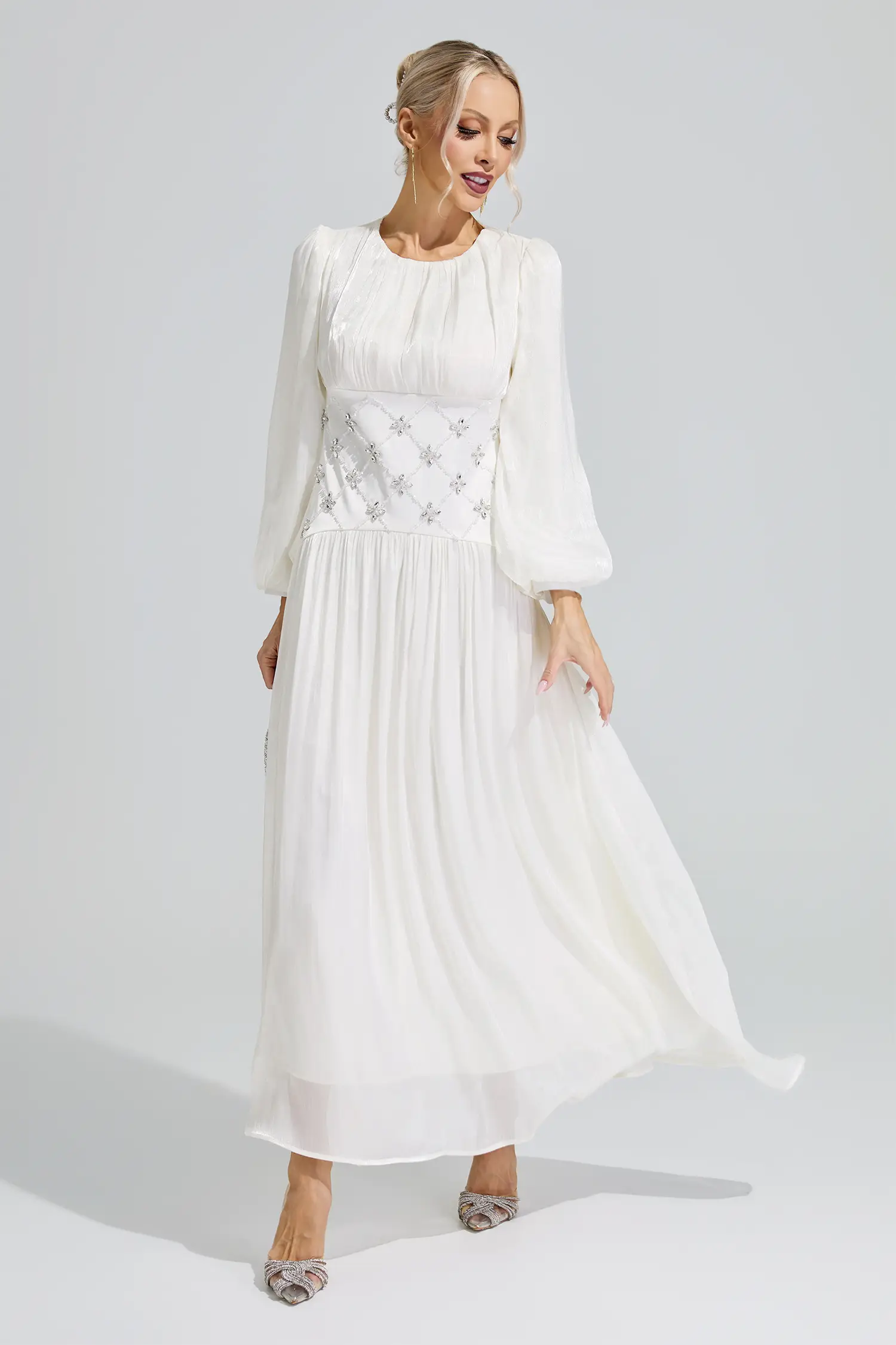 Hestia White Ruched Waist Ball Gown