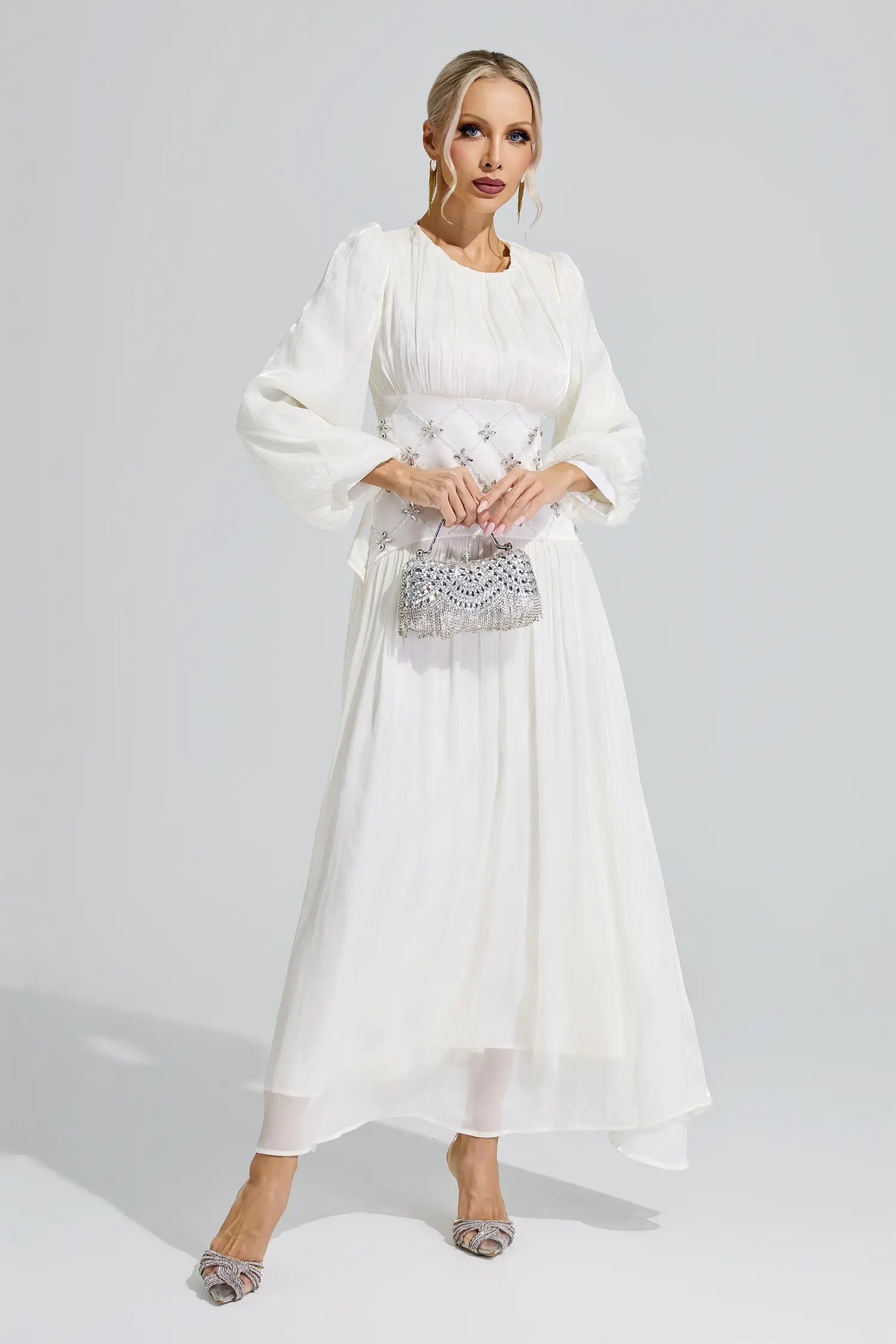 Hestia White Ruched Waist Ball Gown