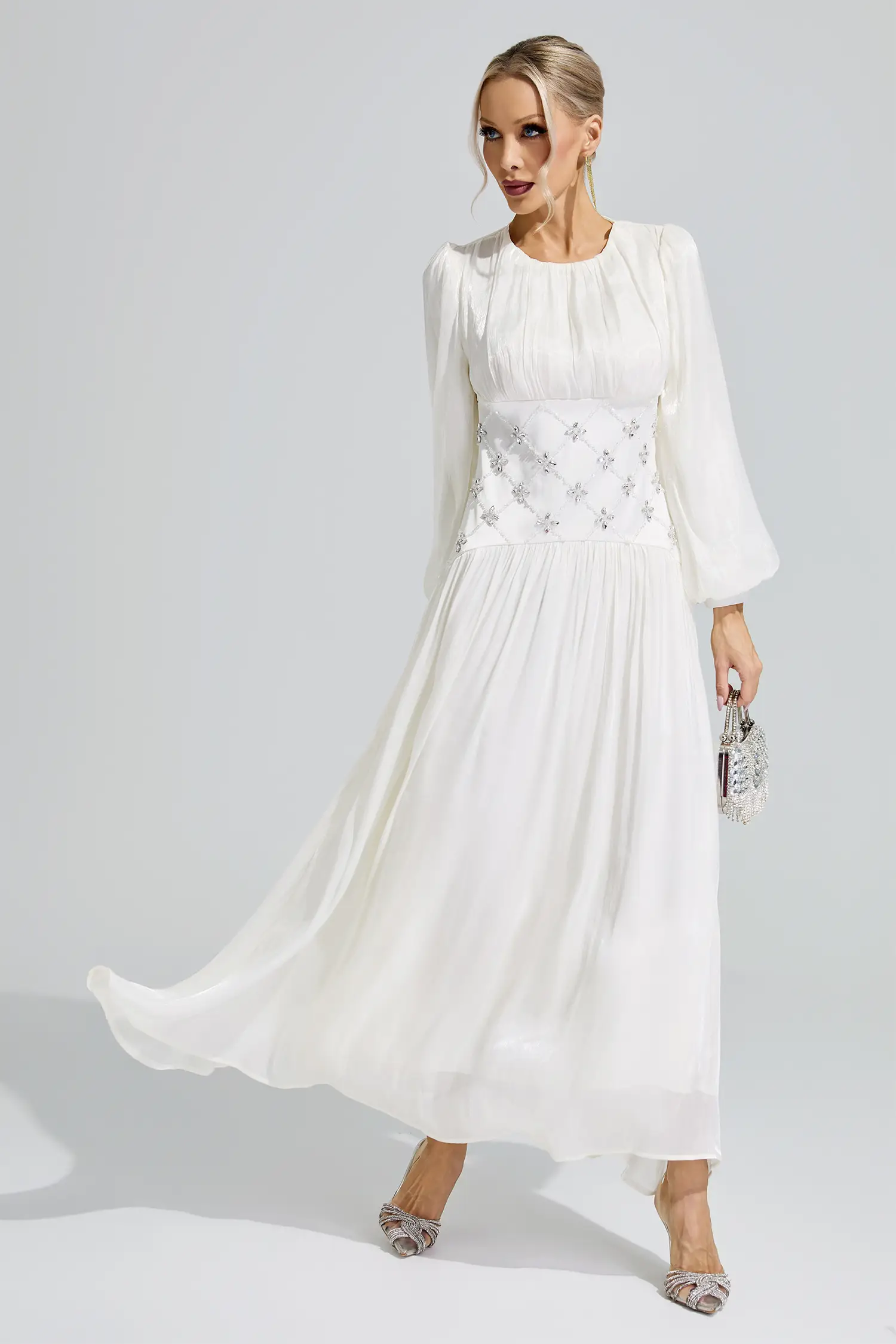 Hestia White Ruched Waist Ball Gown