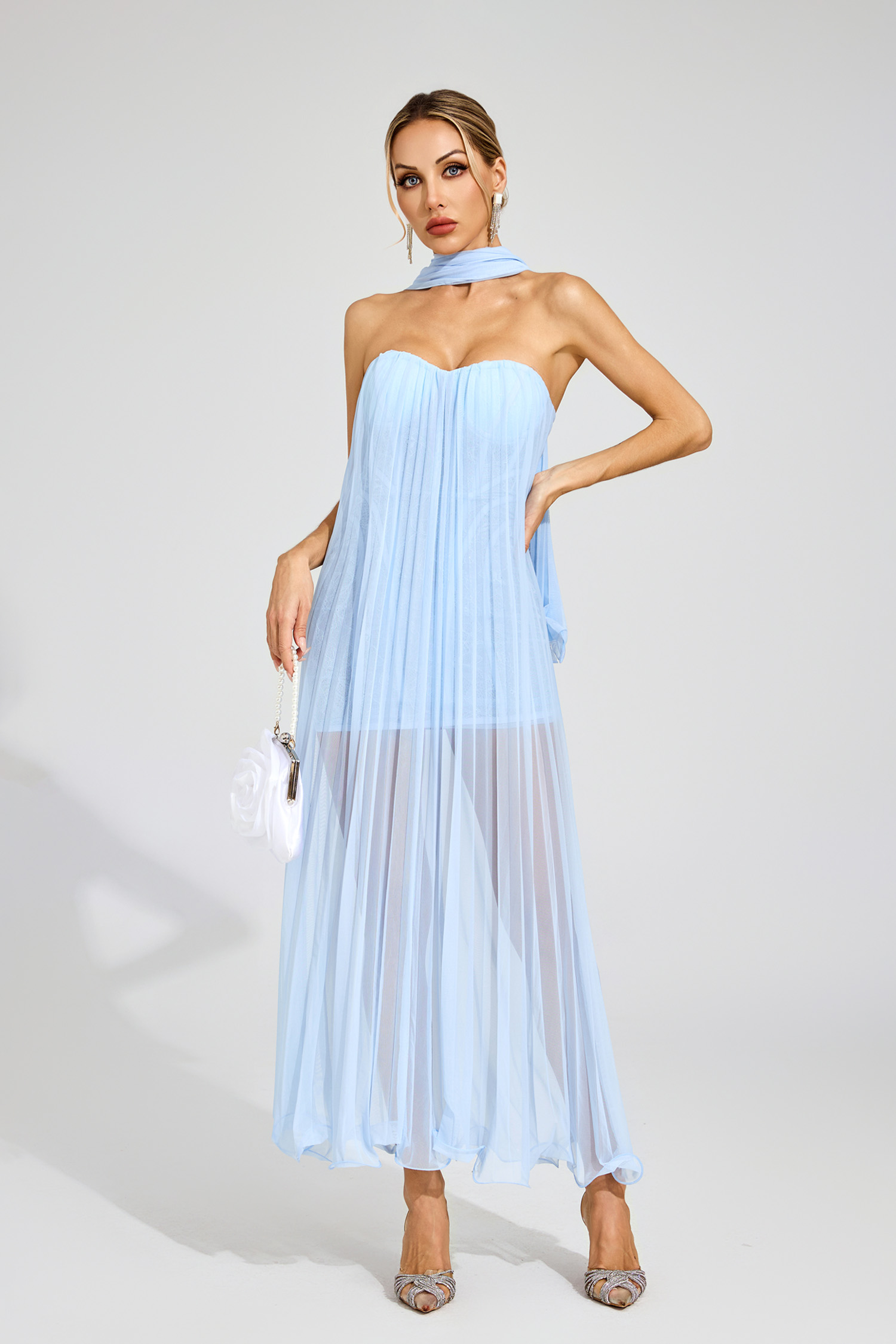 Hilary Blue Mesh Midi Dress