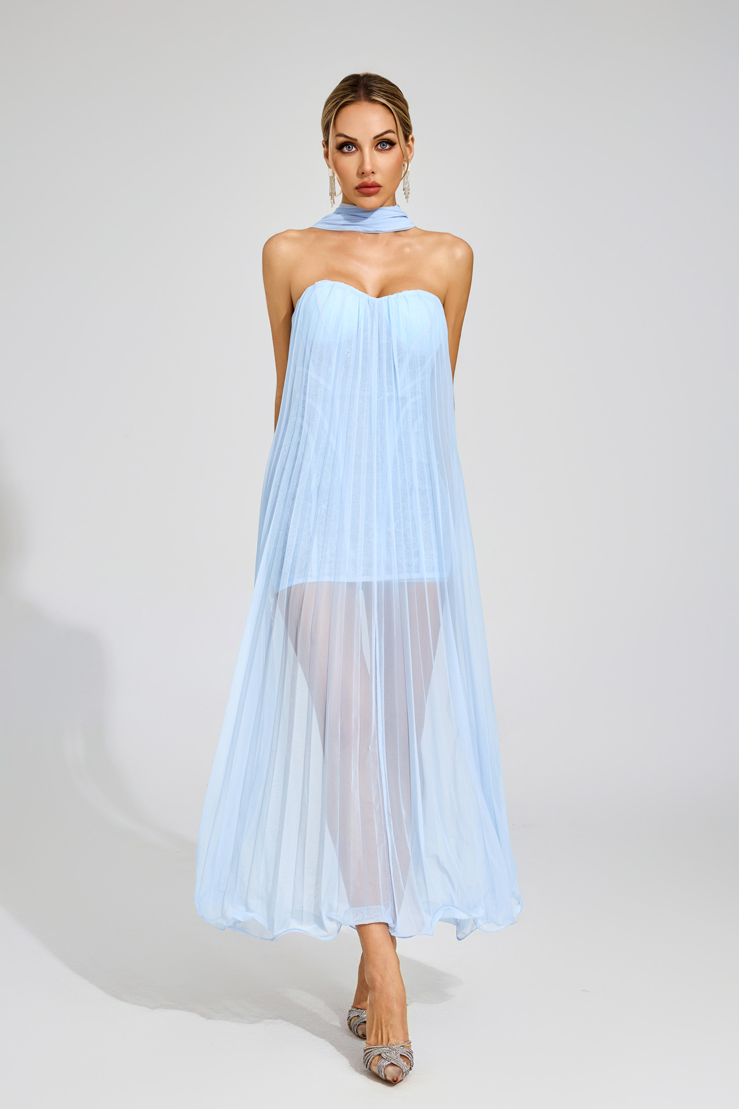 Hilary Blue Mesh Midi Dress