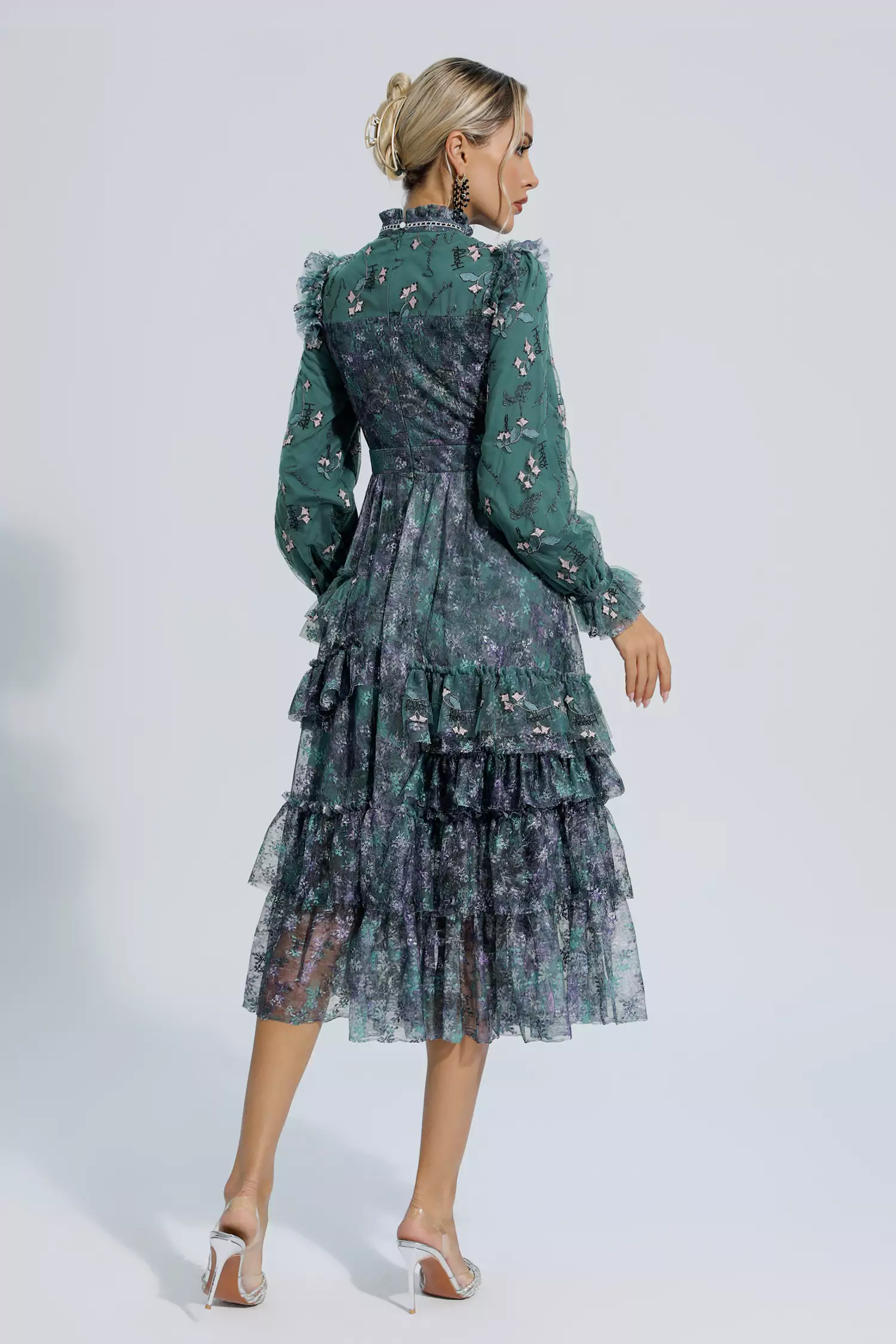 Sevyn Dark Green Floral Mesh Long Sleeve Dress-CATCHALL