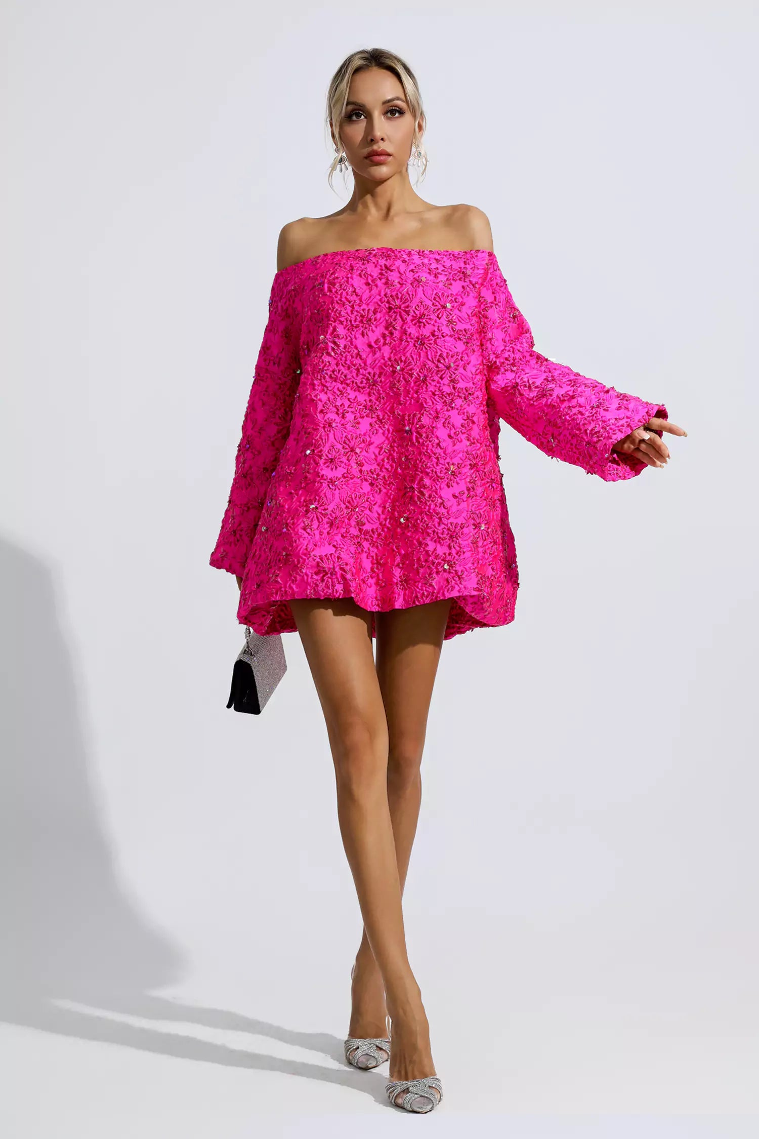 Holly Pink Off Shoulder Jacquard Floral Mini Dress-CATCHALL