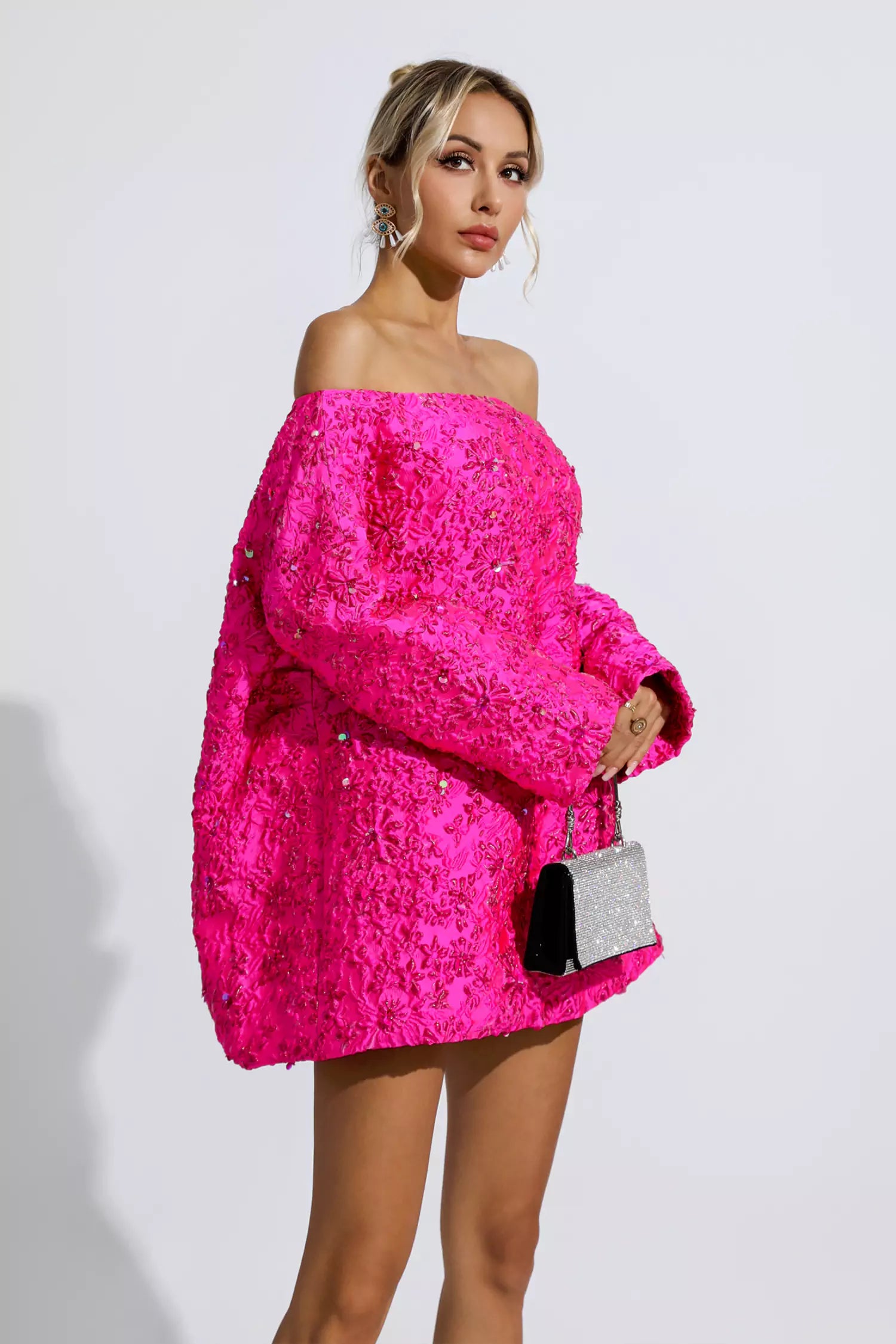 Holly Pink Off Shoulder Jacquard Floral Mini Dress-CATCHALL