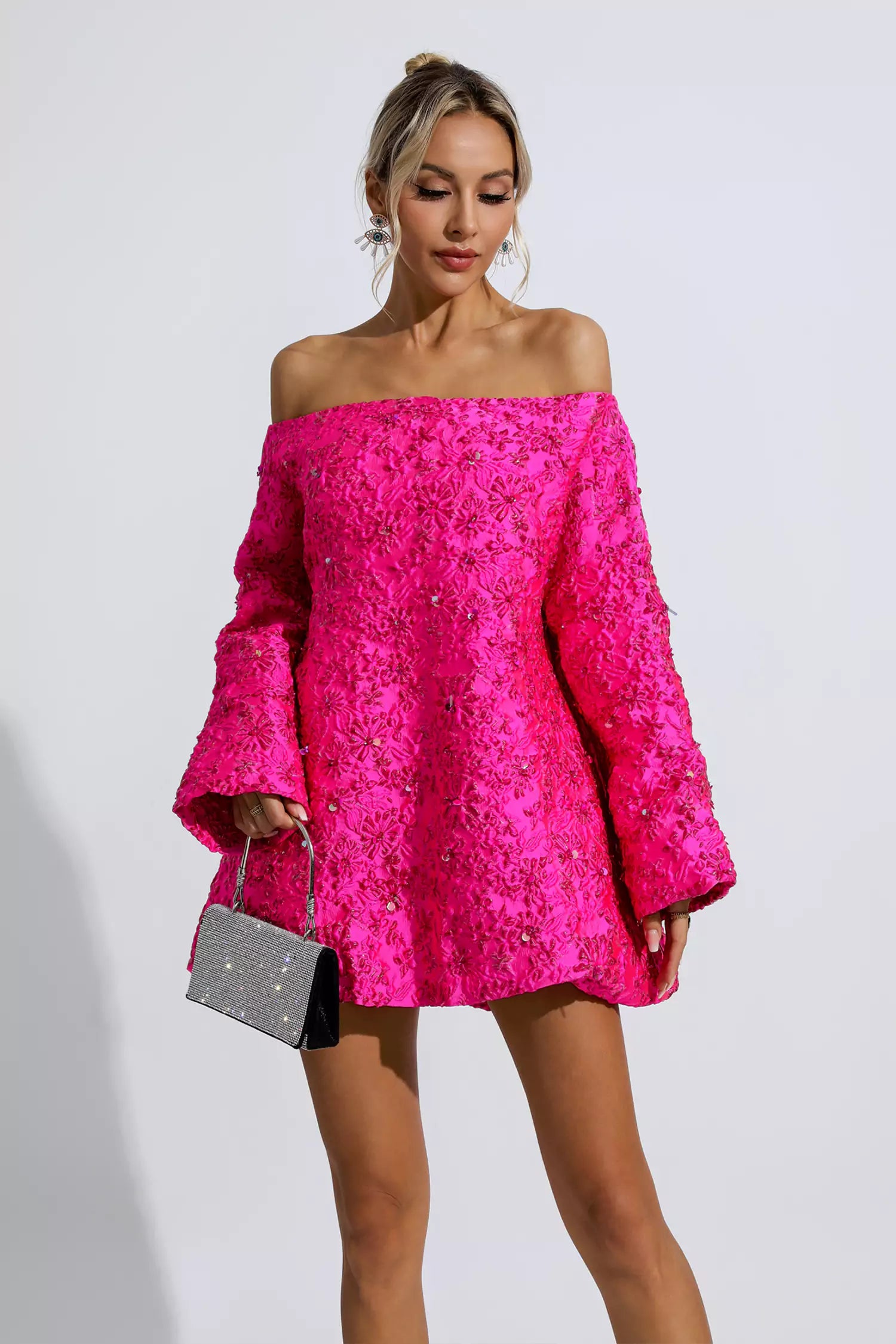 Holly Pink Off Shoulder Jacquard Floral Mini Dress-CATCHALL