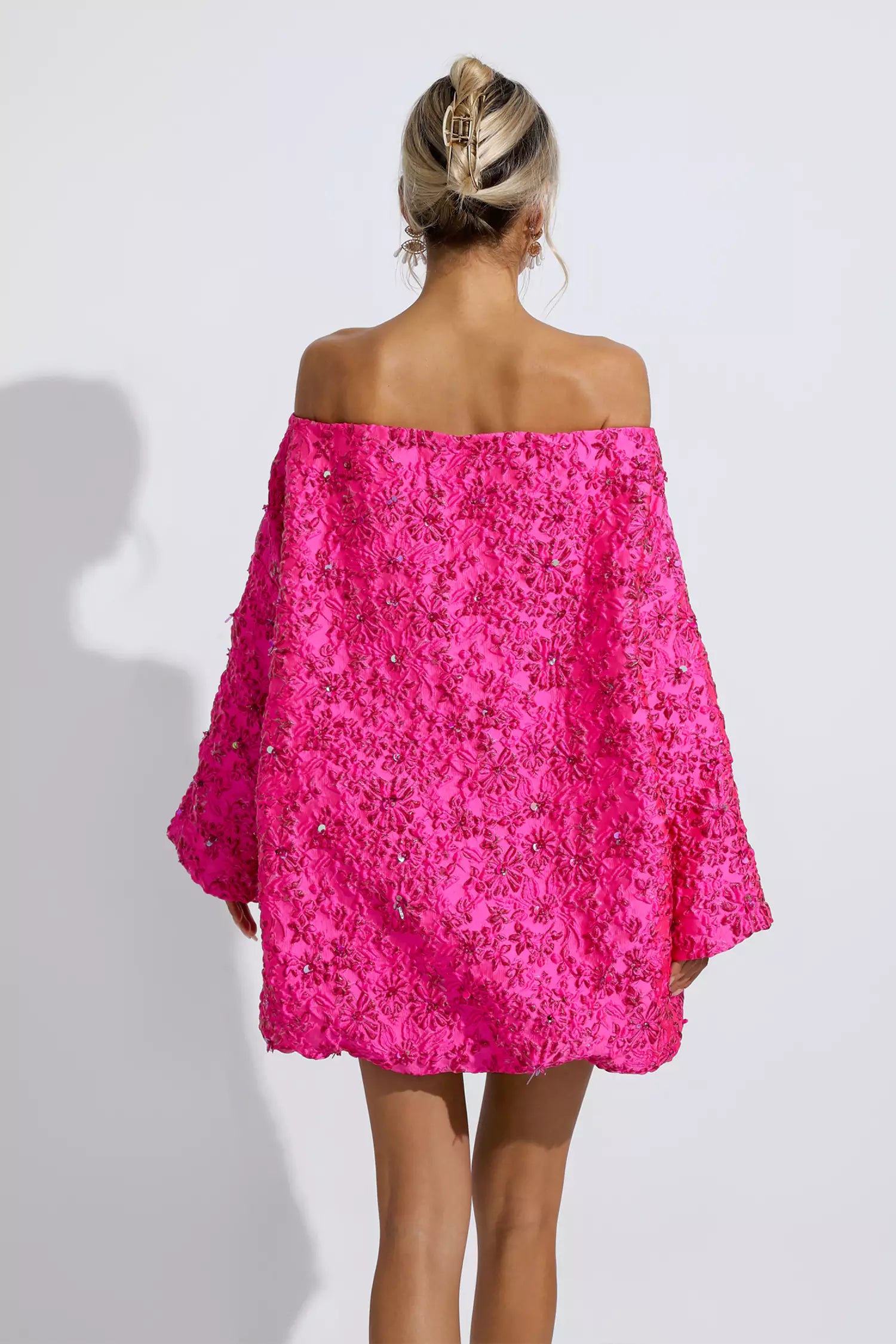 Holly Pink Off Shoulder Jacquard Floral Mini Dress-CATCHALL