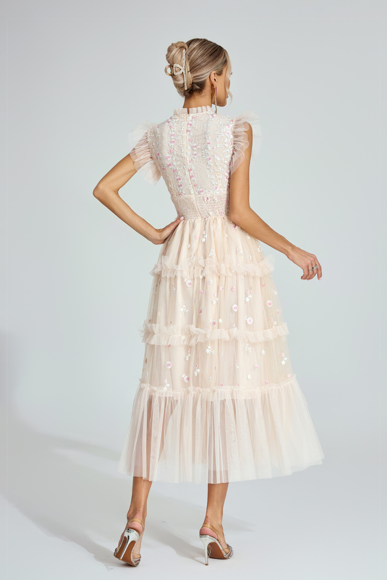 Hulda  Apricot Embroidered Tulle Maxi Dress