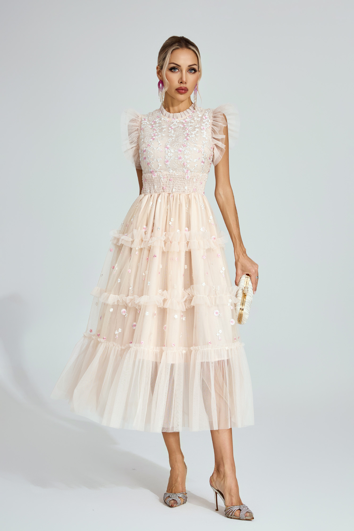 Hulda  Apricot Embroidered Tulle Maxi Dress